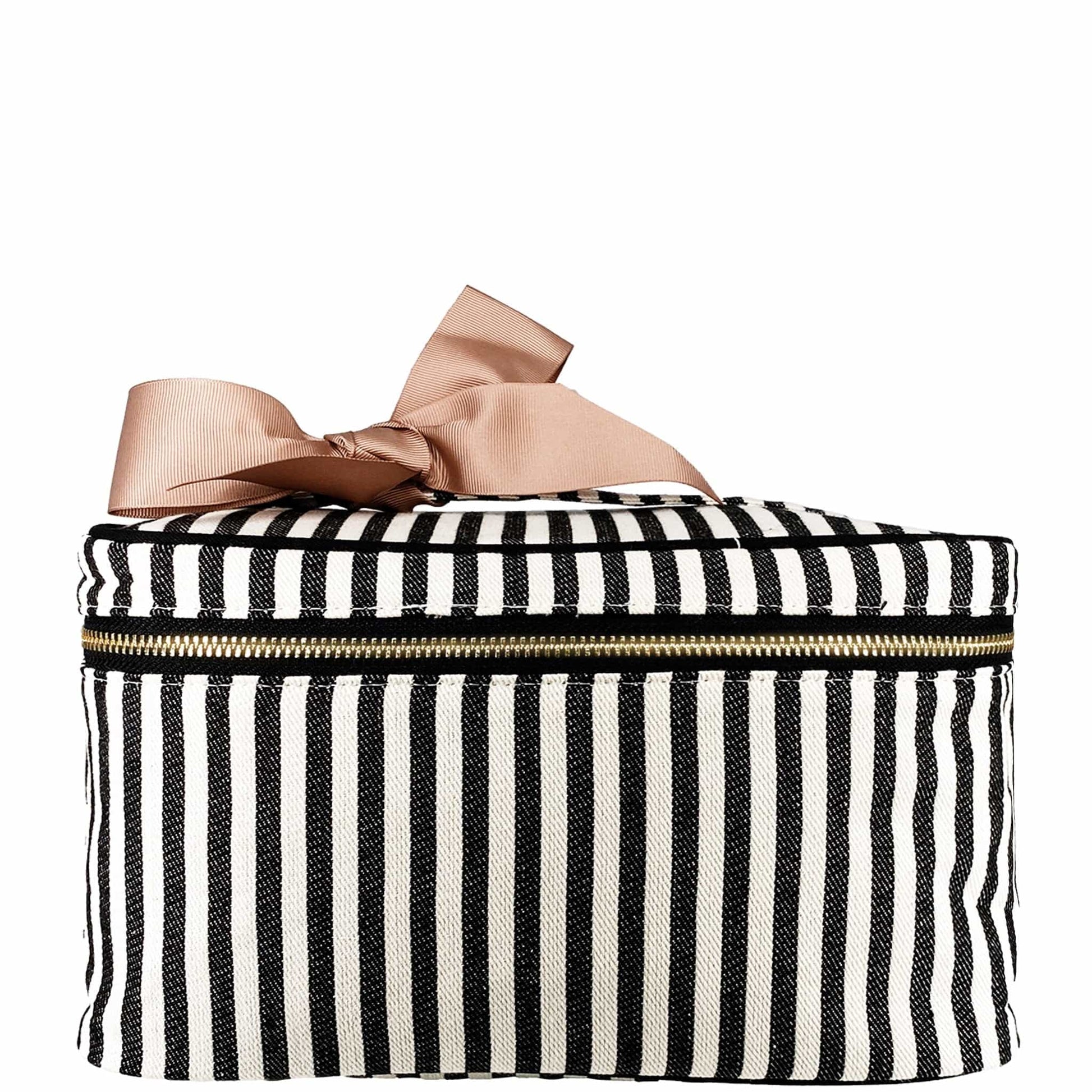 Bag-all Medium Box Makeup & Toiletry featuring black and white stripes, gold zipper, and elegant blush bow, perfect for organizing beauty essentials