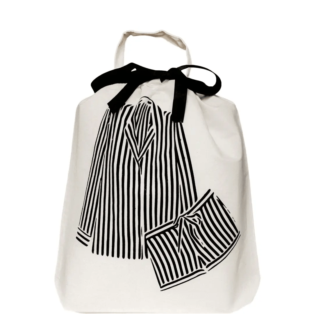 Bag-all Striped Pajamas Travel Bag in cream with black bow featuring illustrated black and white striped pajama set design - perfect for organized travel and storage