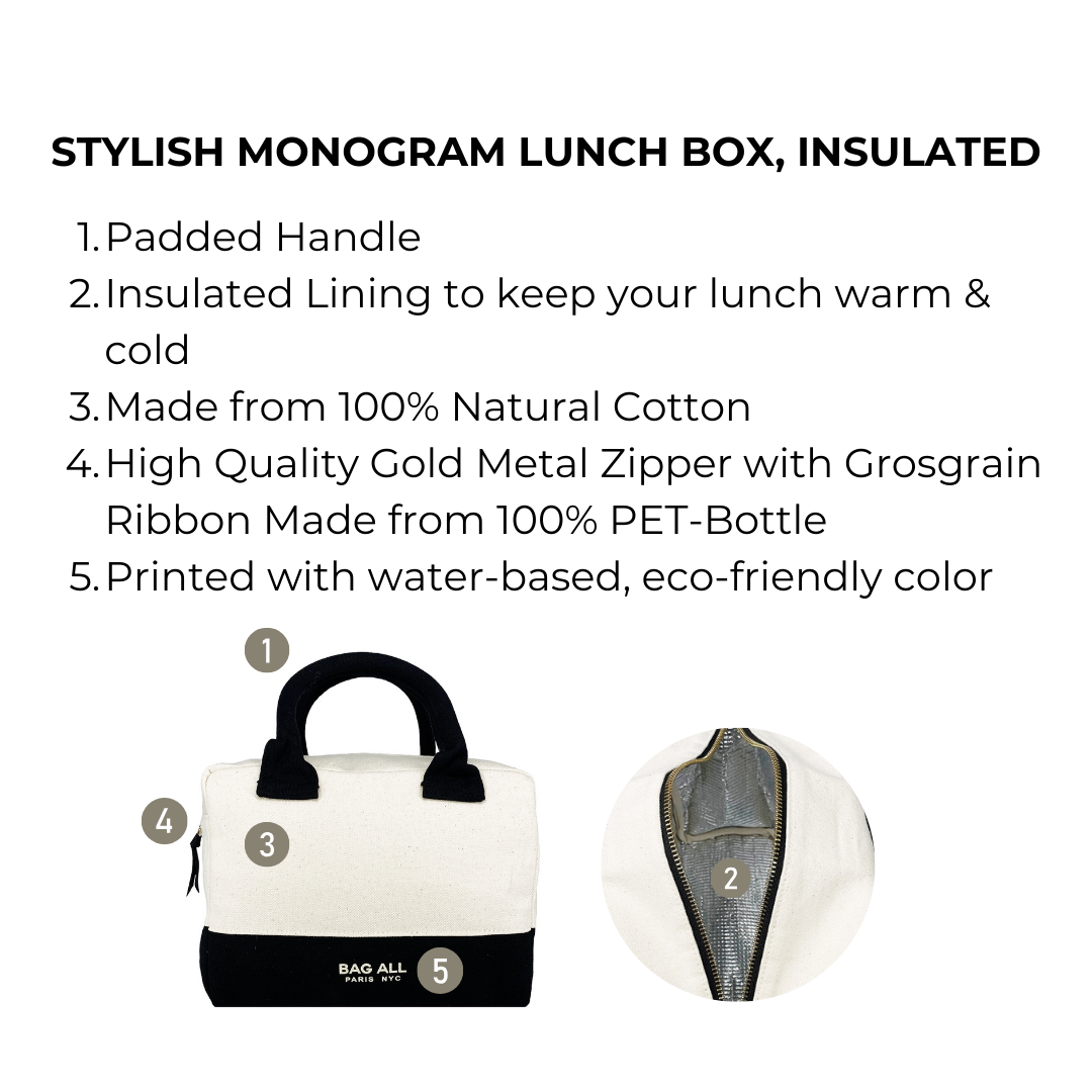 Bag-all Stylish Monogram Lunch Box in cream with black handles, insulated cotton interior, eco-friendly design featuring gold zipper and sustainable materials. Perfect for carrying meals.