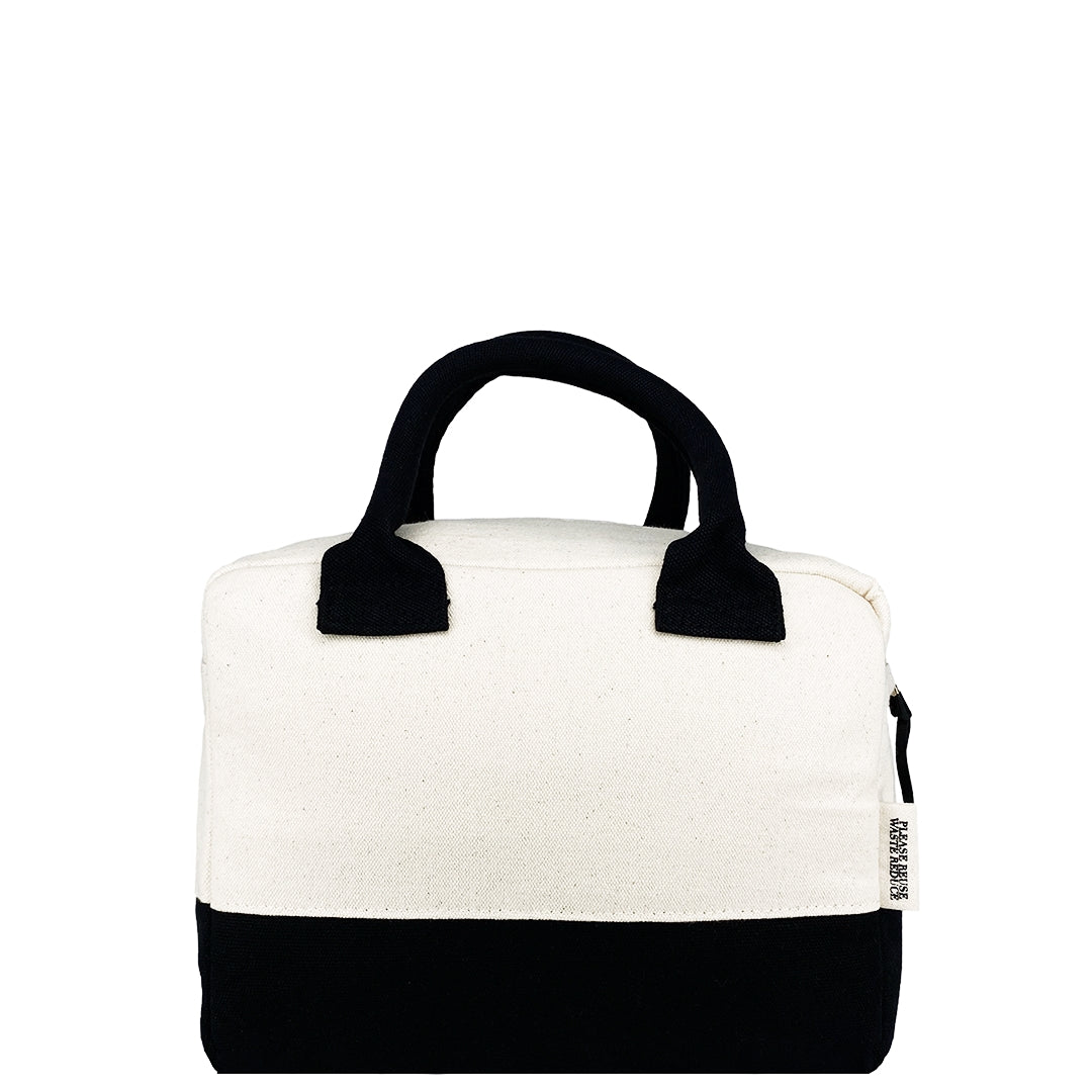Bag-all Stylish Monogram Lunch Box in cream and black colorblock design with padded handles, insulated interior for temperature control, perfect for personalization