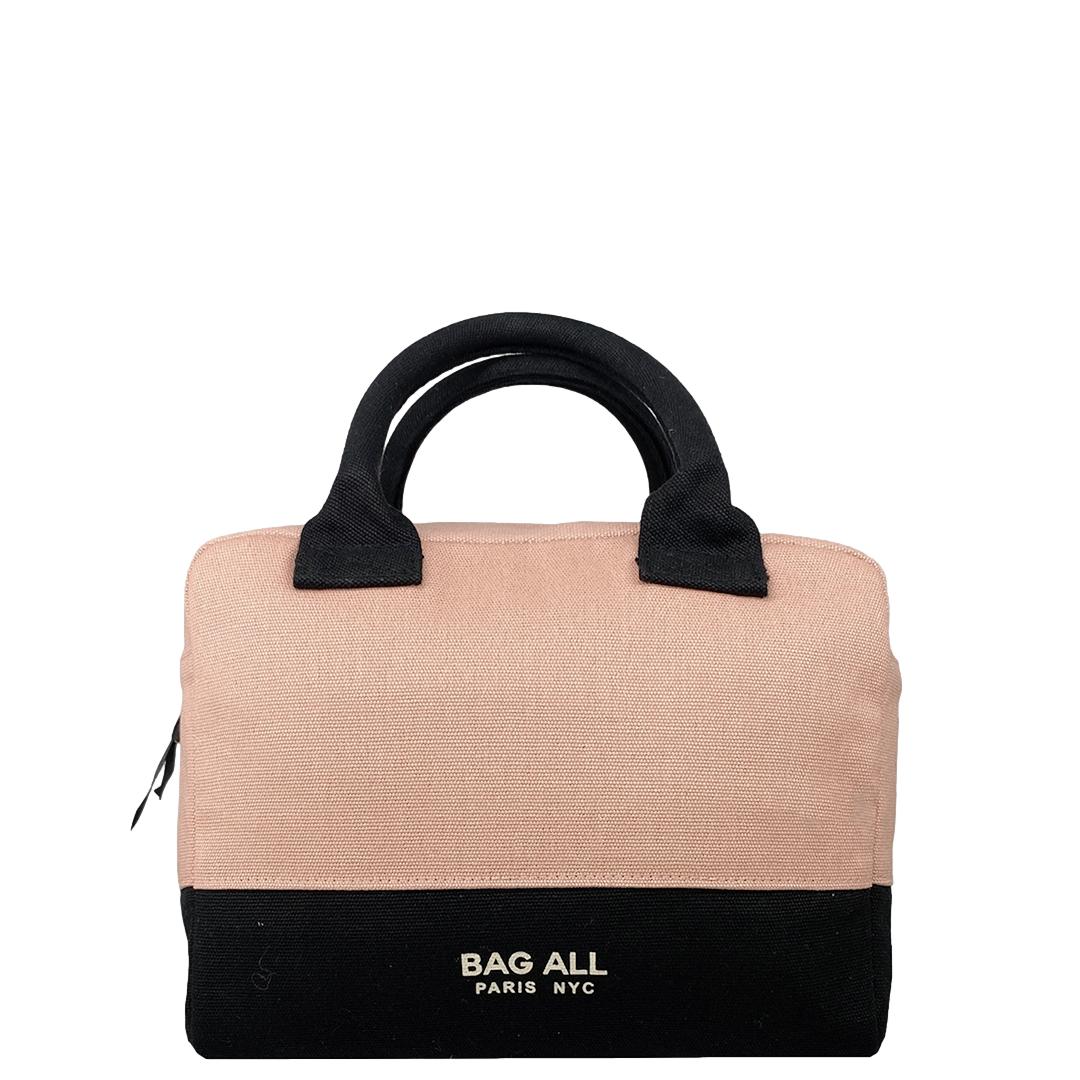 Bag-all Stylish Monogram Lunch Box in pink/blush with black accents, featuring insulated design, padded handles and monogram option, perfect for on-the-go meals