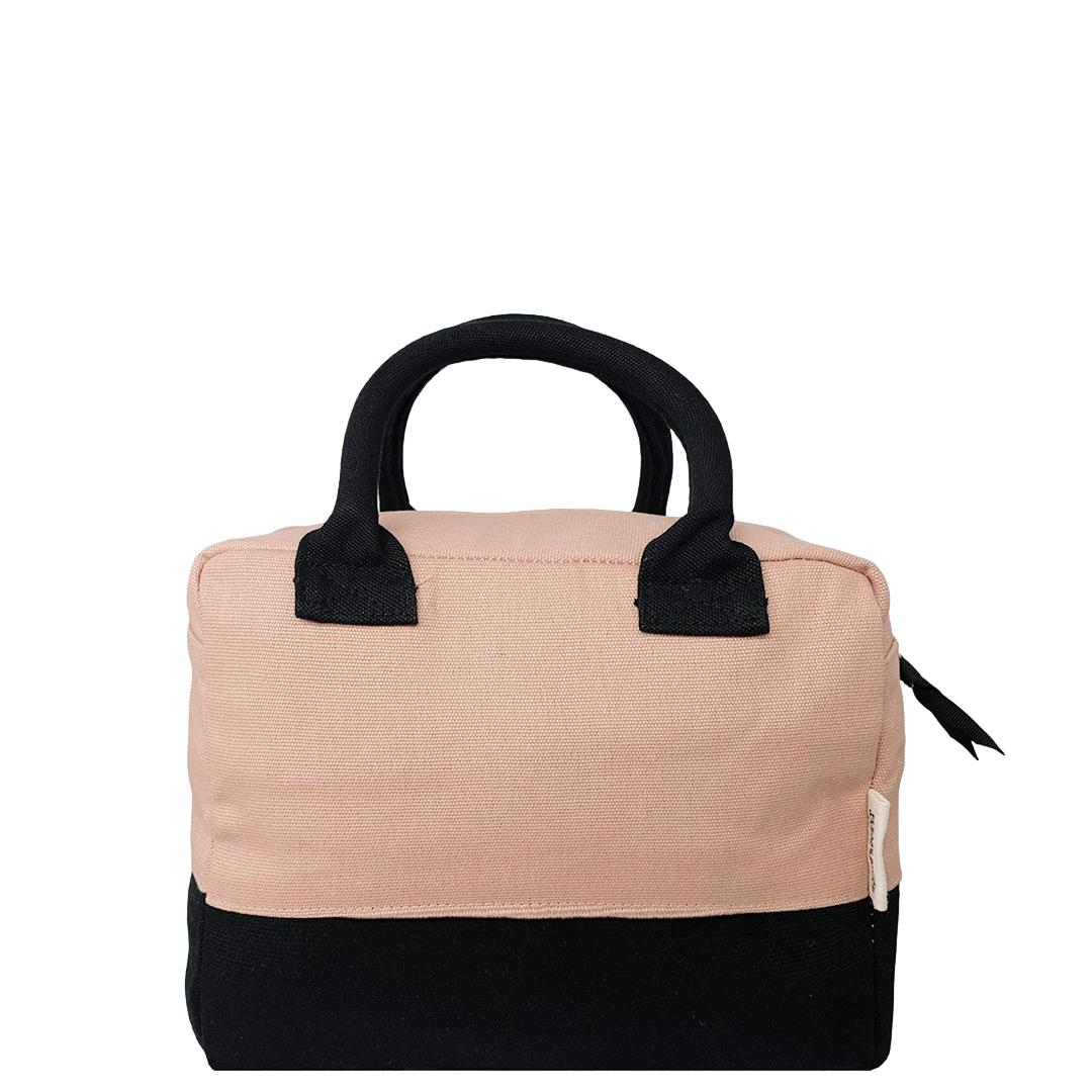 Bag-all Stylish Monogram Lunch Box in pink and black cotton canvas, featuring insulated interior, padded handles, and monogram-ready design. Perfect for work and school.