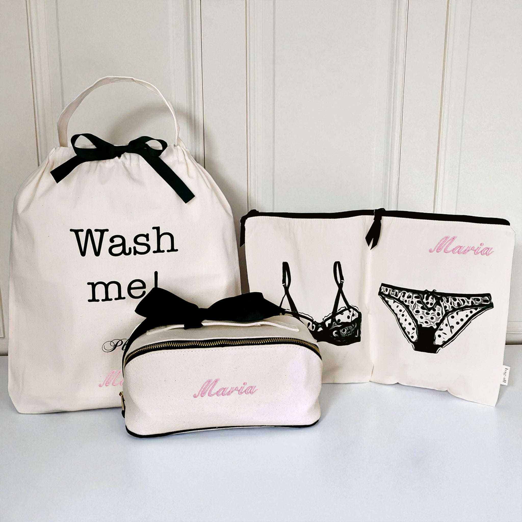 The Suitcase Deal Gift Set, 3-Pack Underwear & Laundry Organizer, Cream by Bag-all with personalized cotton bags for travel organization and laundry care.