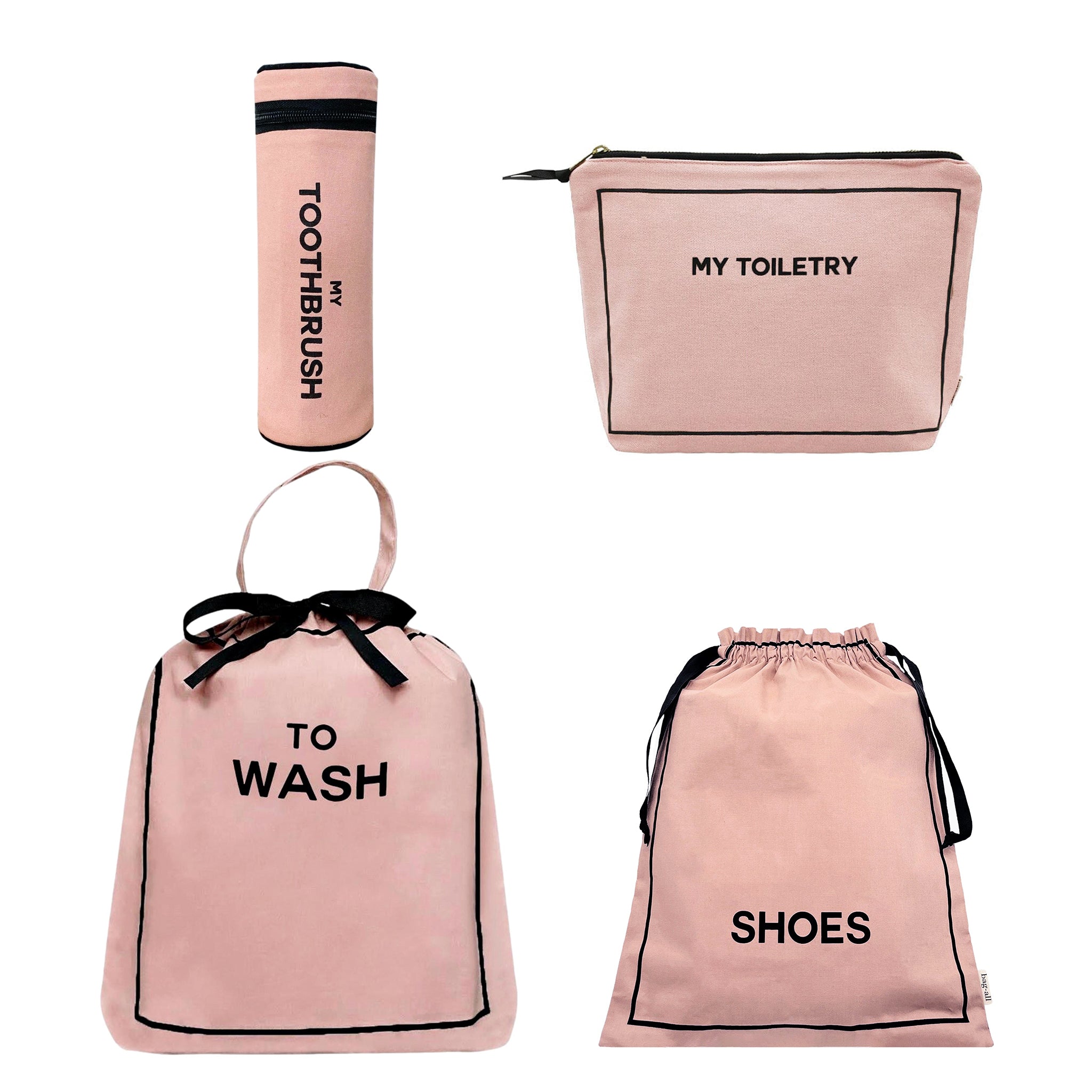 Bag-all pink cotton travel organizer set featuring toiletry pouch, toothbrush case, shoe bag and wash bag, perfect for stylish travel organization