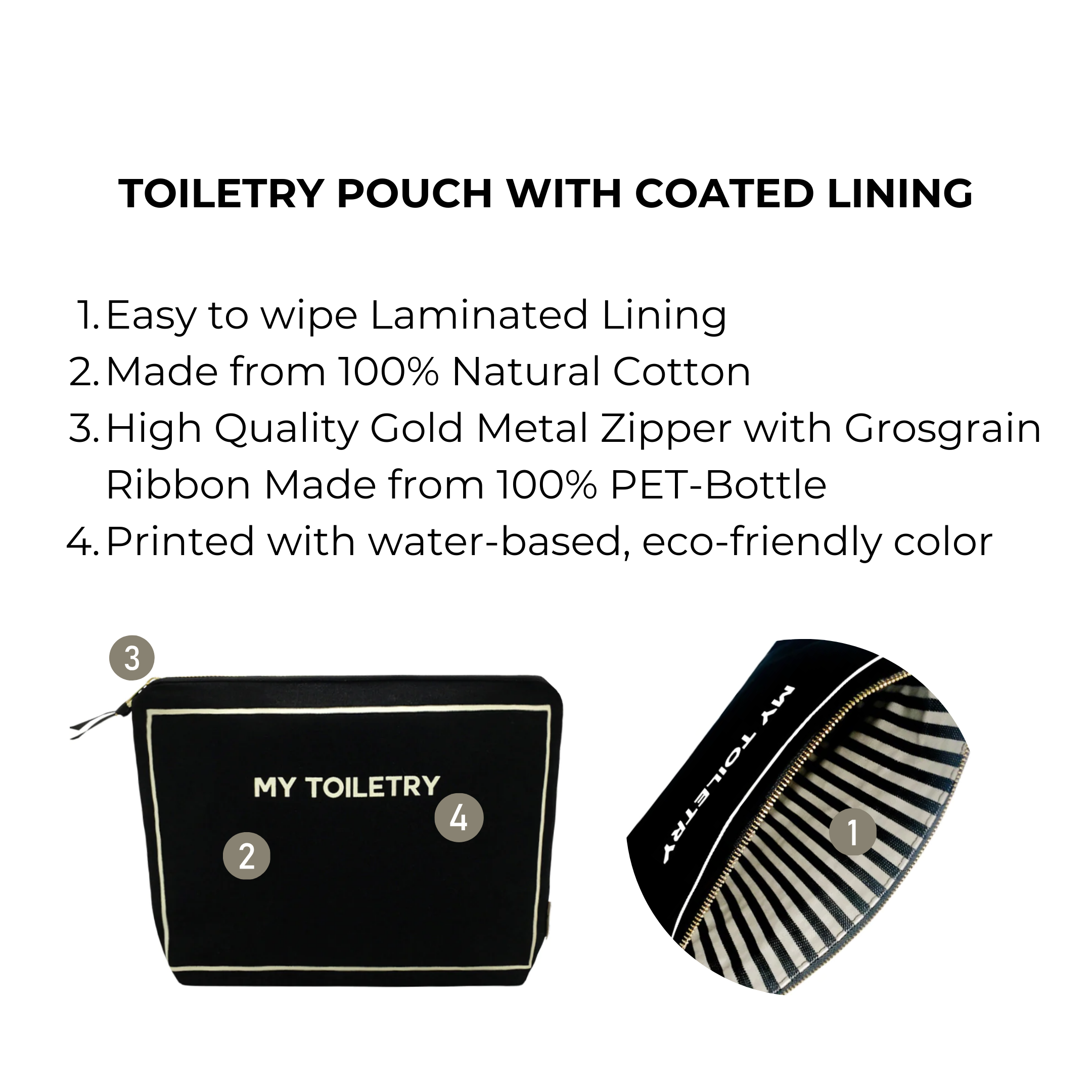 Bag-all Black Toiletry Pouch with Coated Lining featuring eco-friendly cotton construction, waterproof laminated interior, and premium gold zipper closure for travel organization