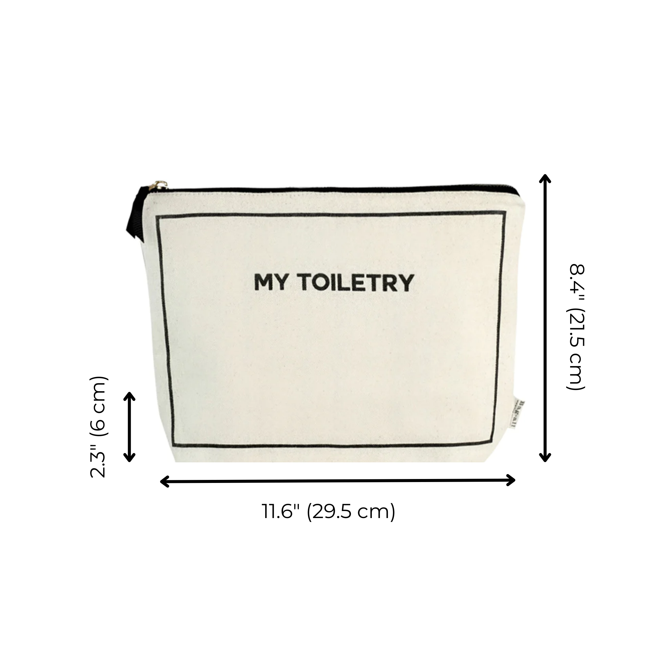 Bag-all cream toiletry pouch with coated lining featuring black trim, dimensions 11.6" x 8.4", water-resistant with "MY TOILETRY" text, perfect for travel organization