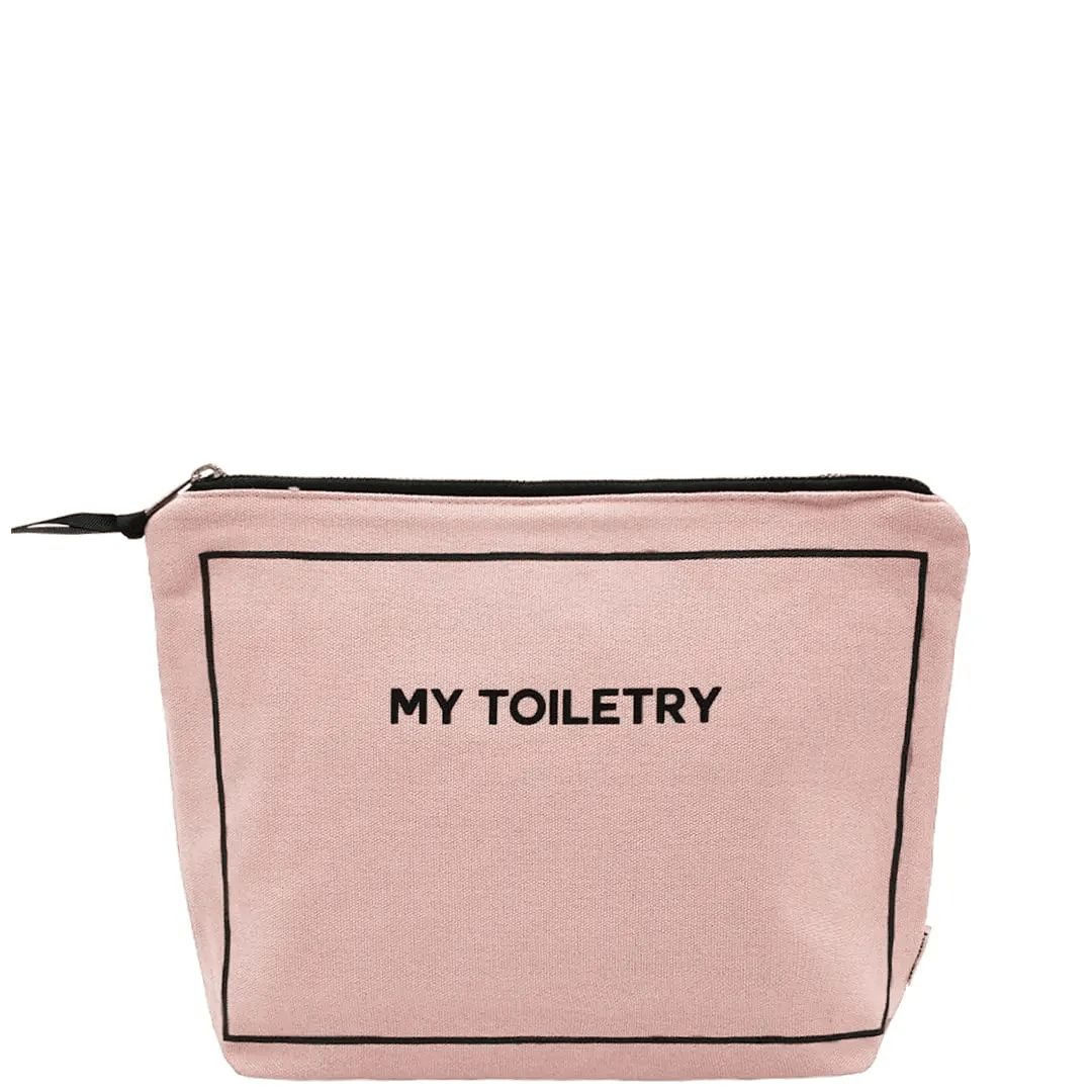 Bag-all Pink Toiletry Pouch with waterproof coated lining and metal zipper. Cotton travel organizer with 'My Toiletry' text in black frame, perfect for bathroom essentials and organizing.