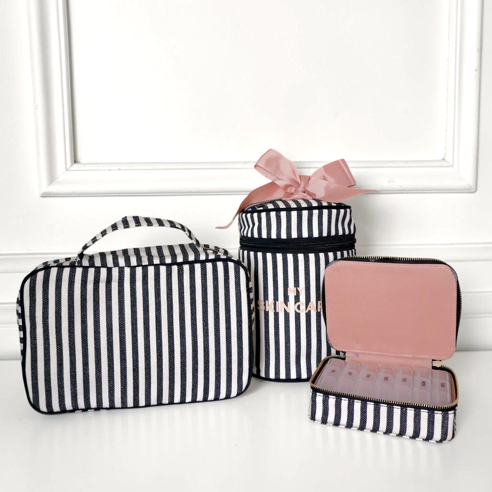 Travel Beauty Deal Gift Set, 3-Pack Toiletry & Skincare Organizer, Striped