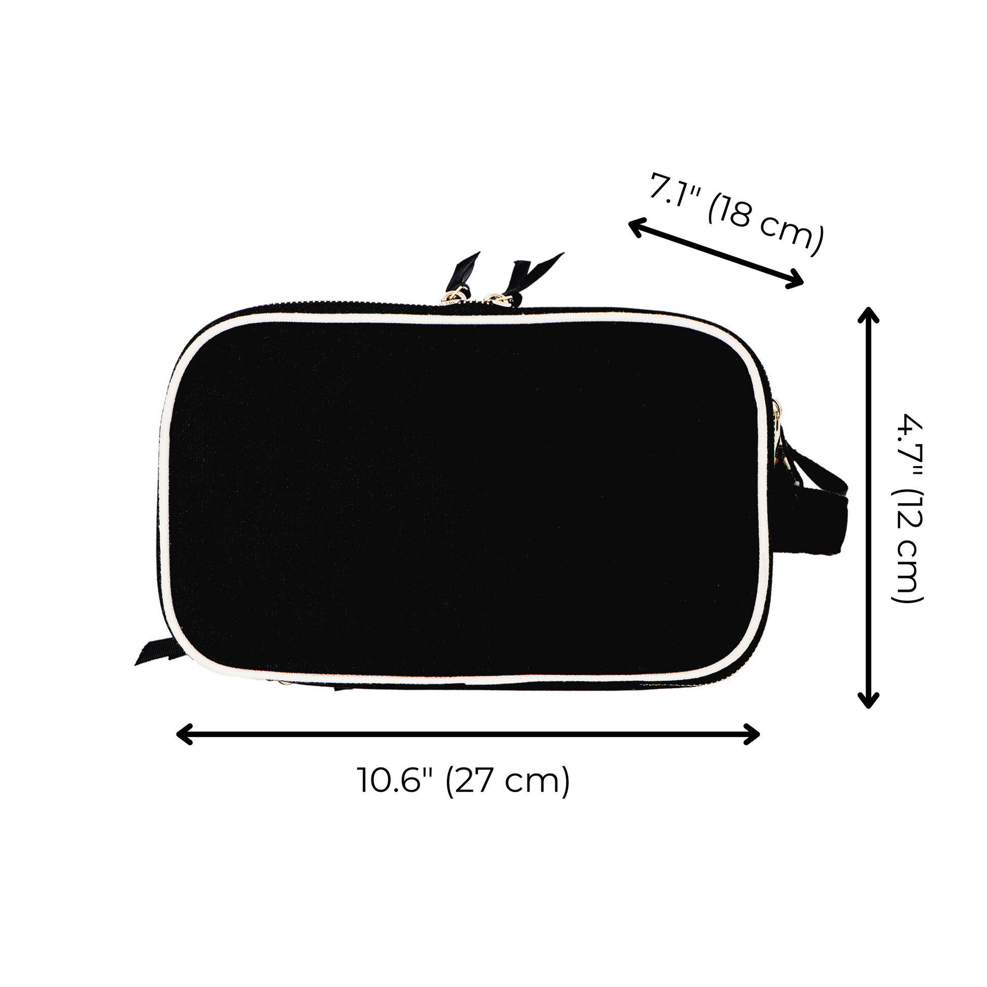 Black Bag-all Triple Beauty & Toiletry Organizer with gold zippers and natural cotton, dimensions 10.6x7.1x4.7 inches.