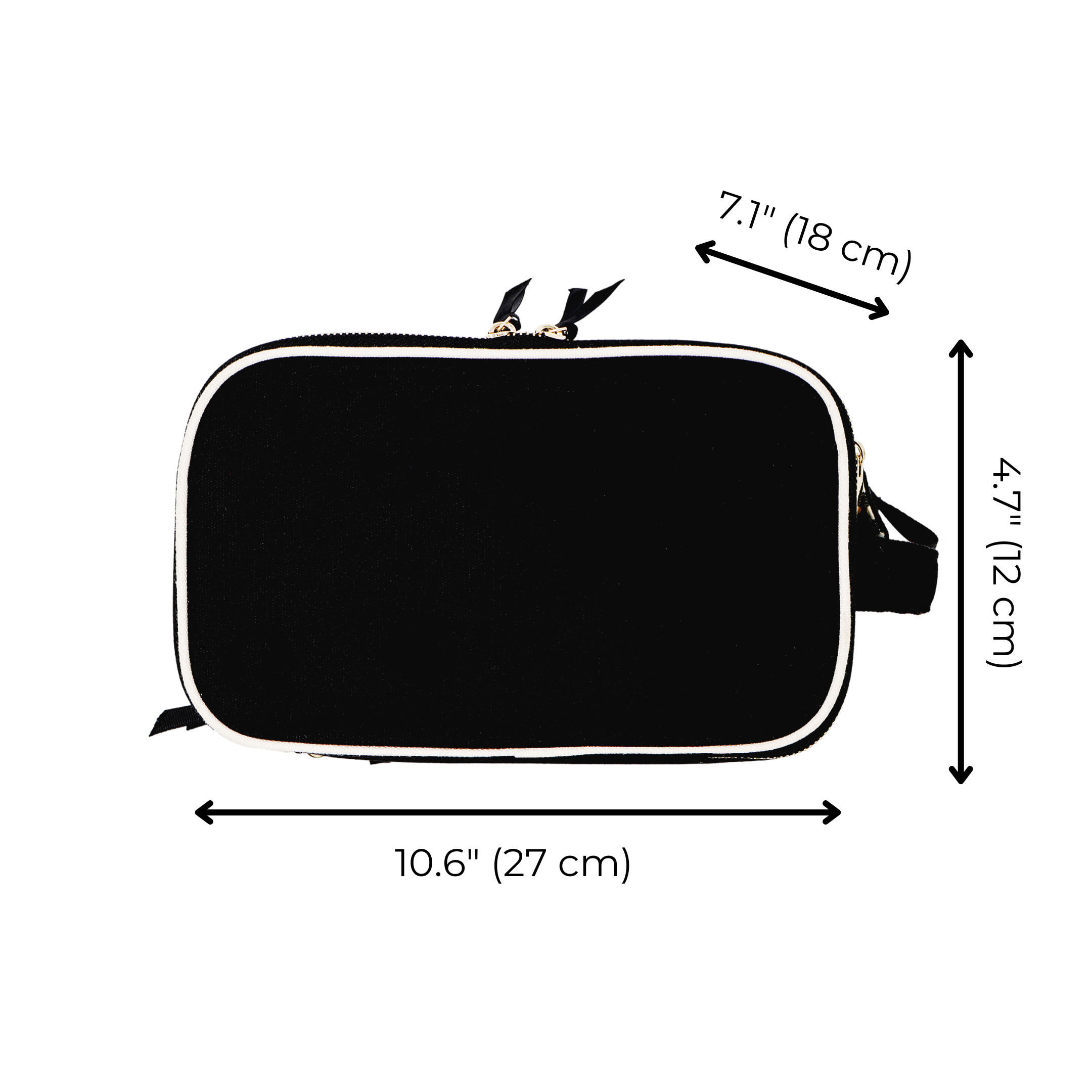 Black Bag-all Triple Beauty & Toiletry Organizer with gold zippers and natural cotton, dimensions 10.6x7.1x4.7 inches.