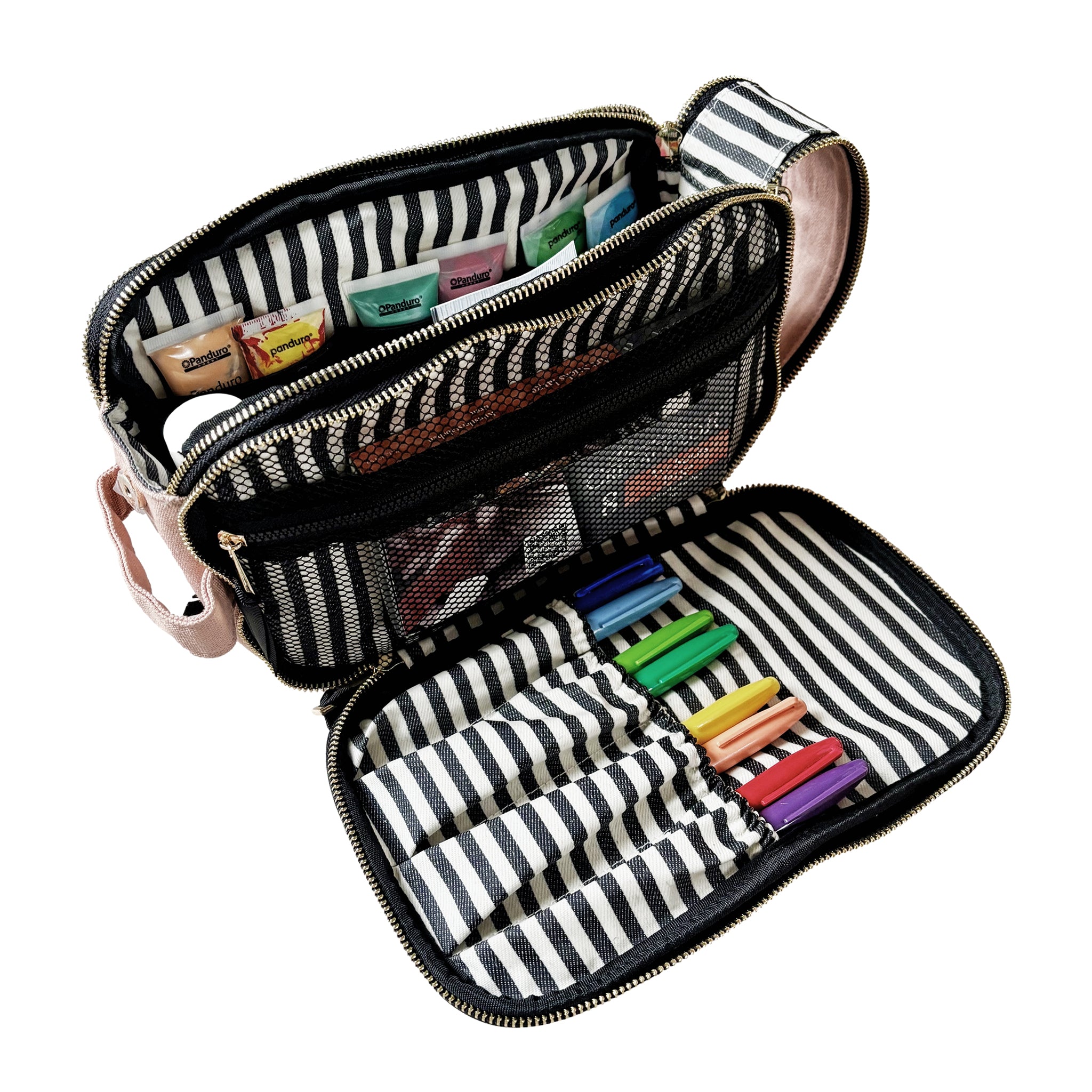 Pink Triple Travel and Hobby Organizer by Bag-all with three compartments, mesh pockets, and elastic pen holders