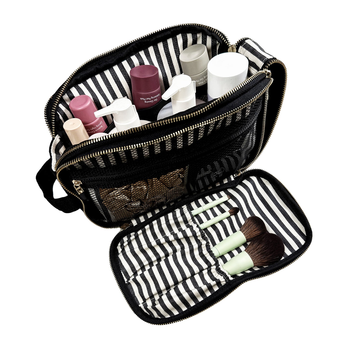 Bag-all Triple Beauty & Toiletry Organizer in black with striped interior, gold zippers, and compartments for brushes and bottles