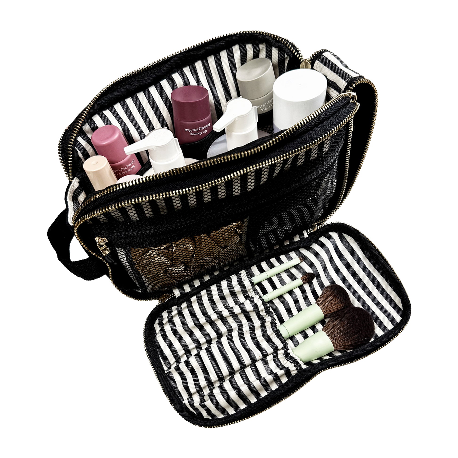 Bag-all Triple Beauty & Toiletry Organizer in black with striped interior, gold zippers, and compartments for brushes and bottles
