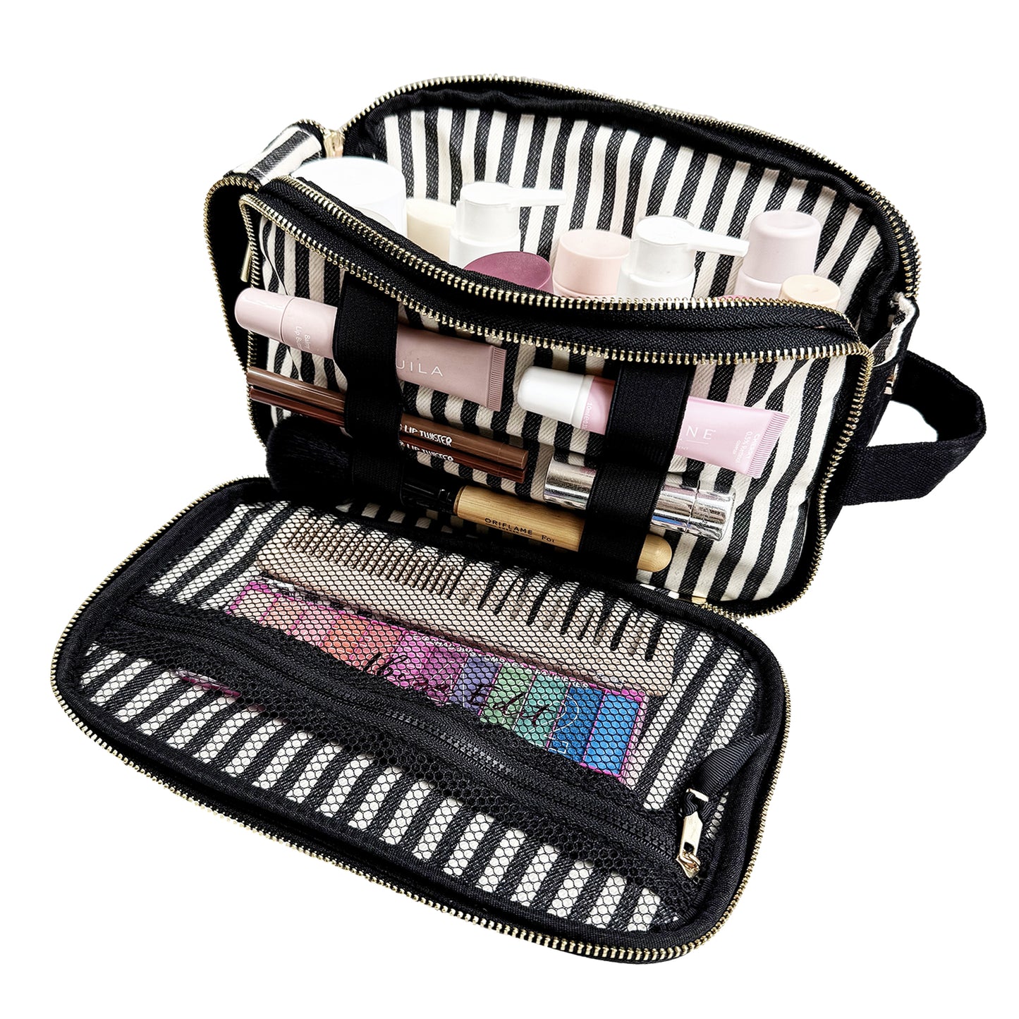 Bag-all Triple Beauty & Toiletry Organizer in black with striped interior, gold zippers, and multiple compartments for toiletries and makeup.