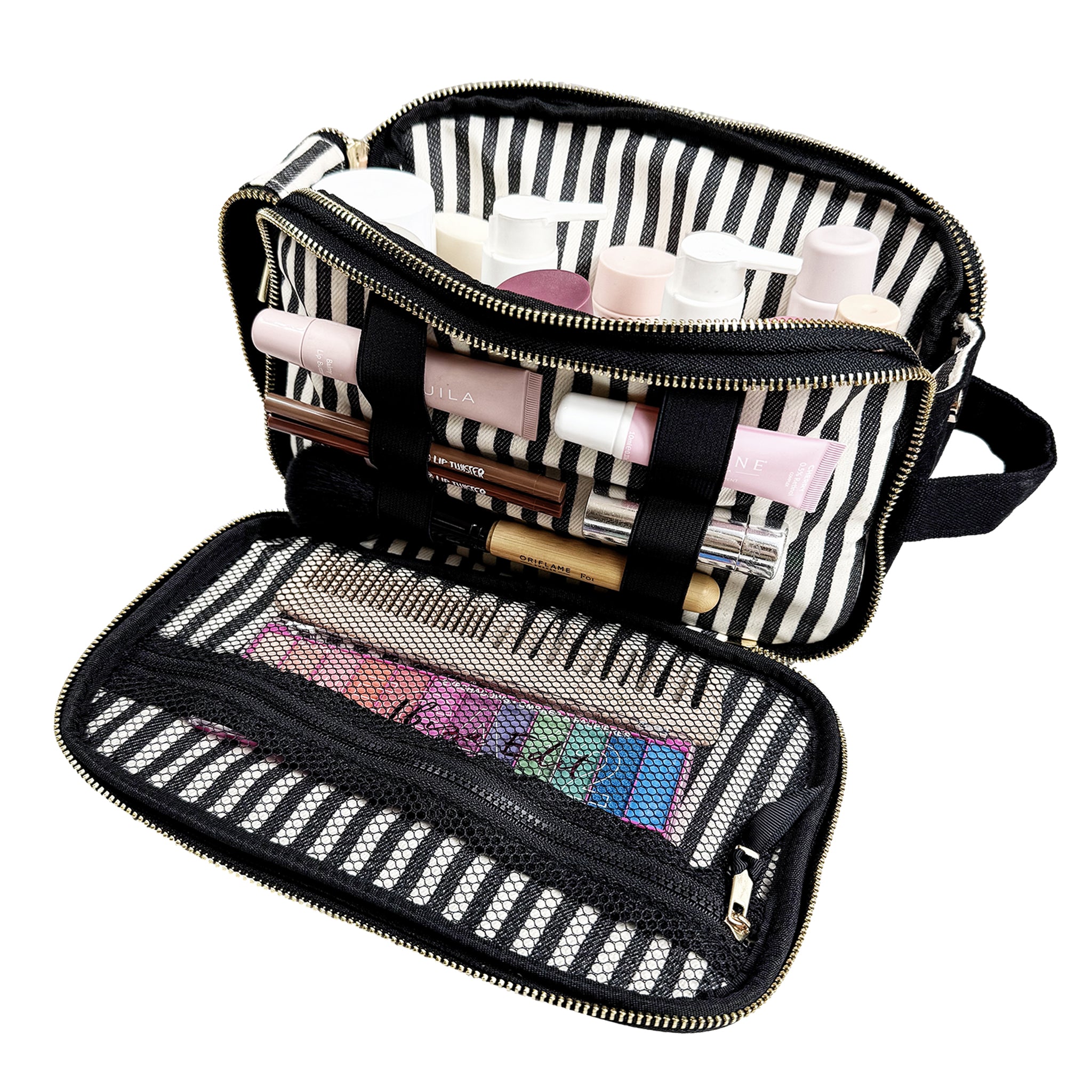 Bag-all Triple Beauty & Toiletry Organizer in black with striped interior, gold zippers, and multiple compartments for toiletries and makeup.
