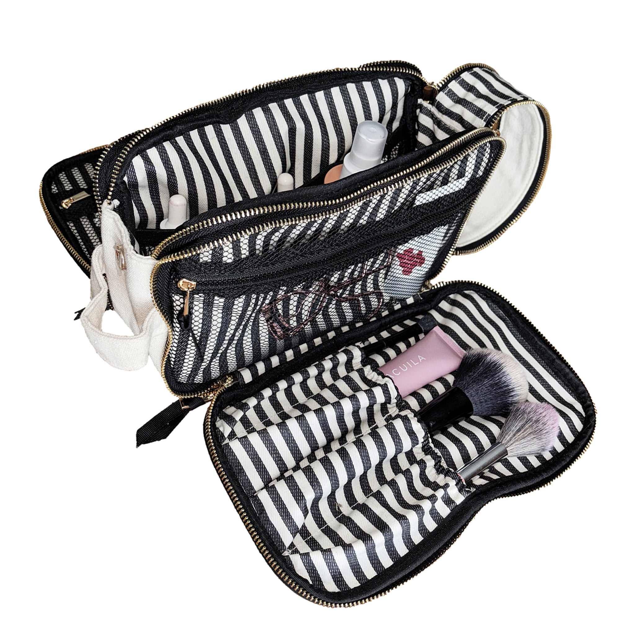 Bag-all Triple Beauty & Toiletry Organizer in cream with striped interior, gold zippers, and multiple compartments for easy storage