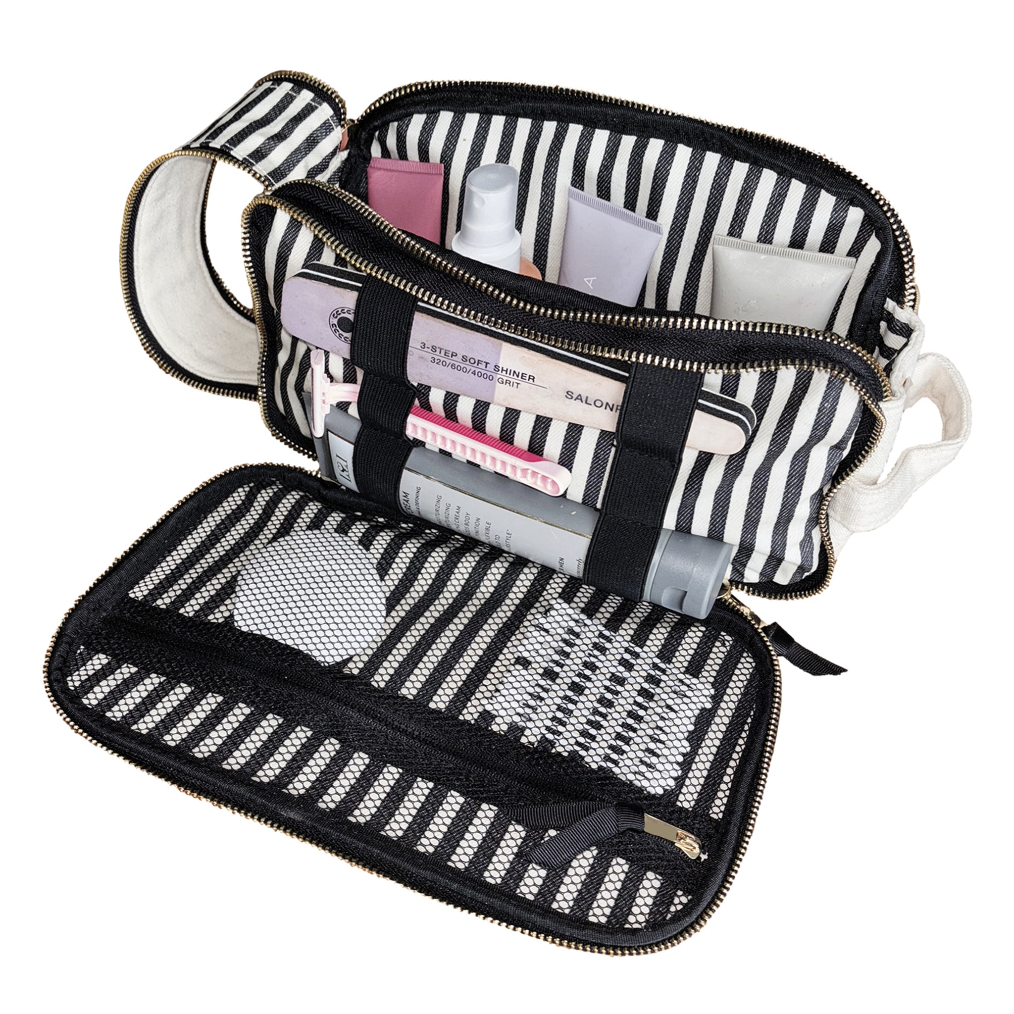 Bag-all Triple Beauty & Toiletry Organizer in cream with striped lining, mesh pockets, and gold zipper details, packed with essentials