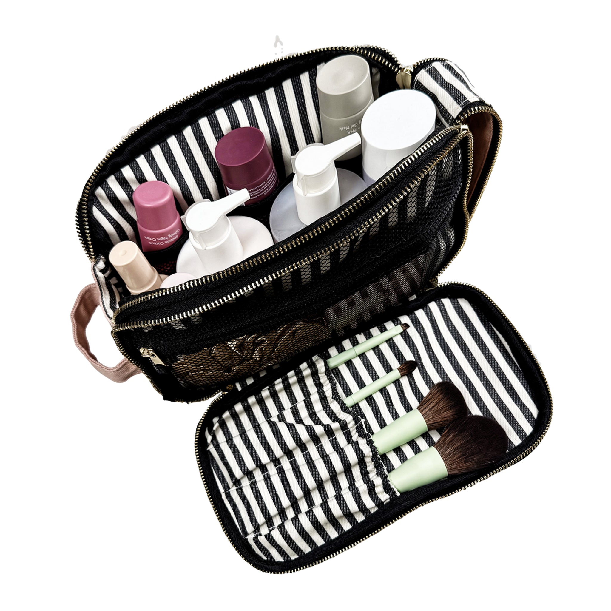 Bag-all Triple Beauty & Toiletry Organizer in pink blush with roomy compartments and black-white striped lining for easy storage