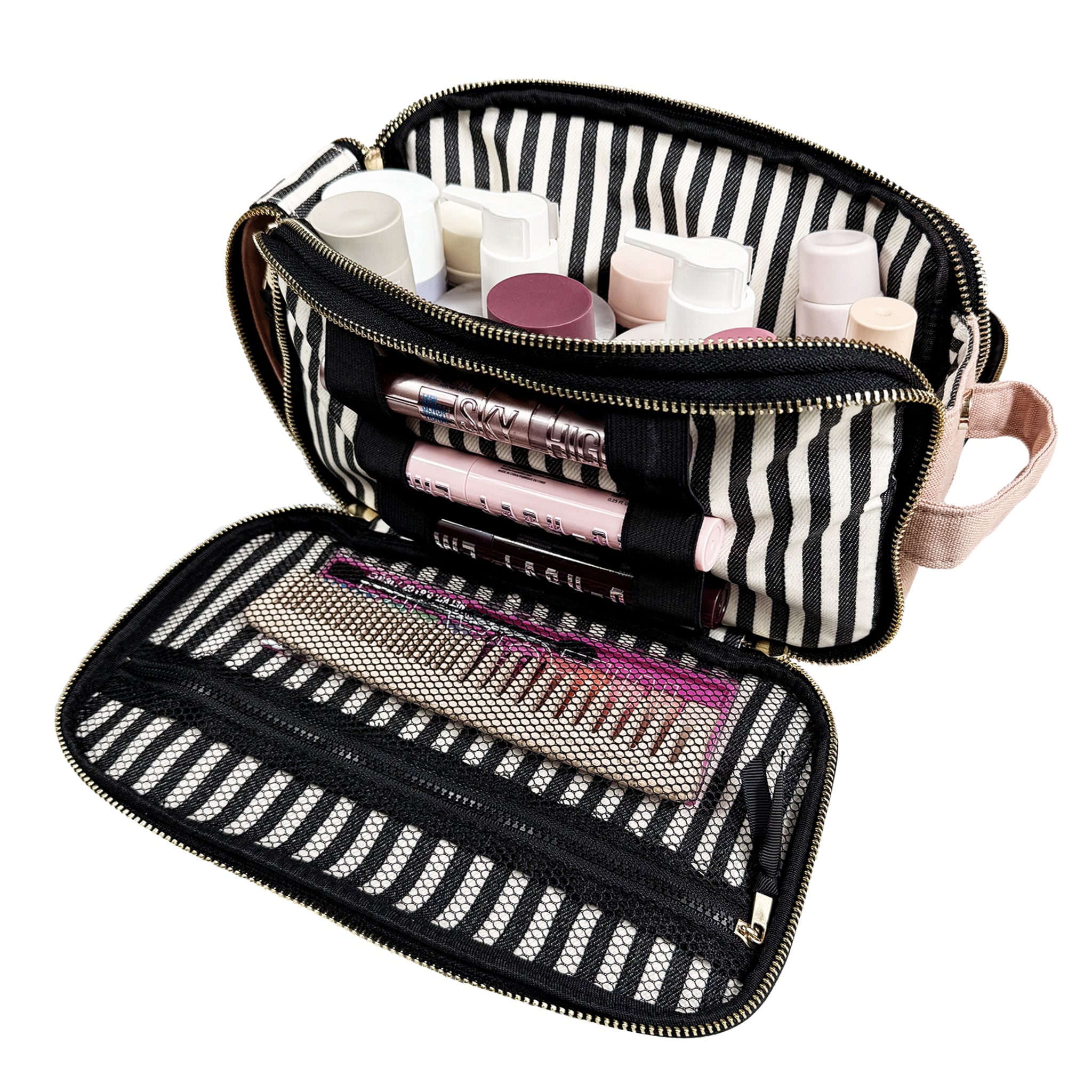 Bag-all Triple Beauty Organizer in pink blush with compartments, mesh pockets, and gold zippers for easy toiletry storage