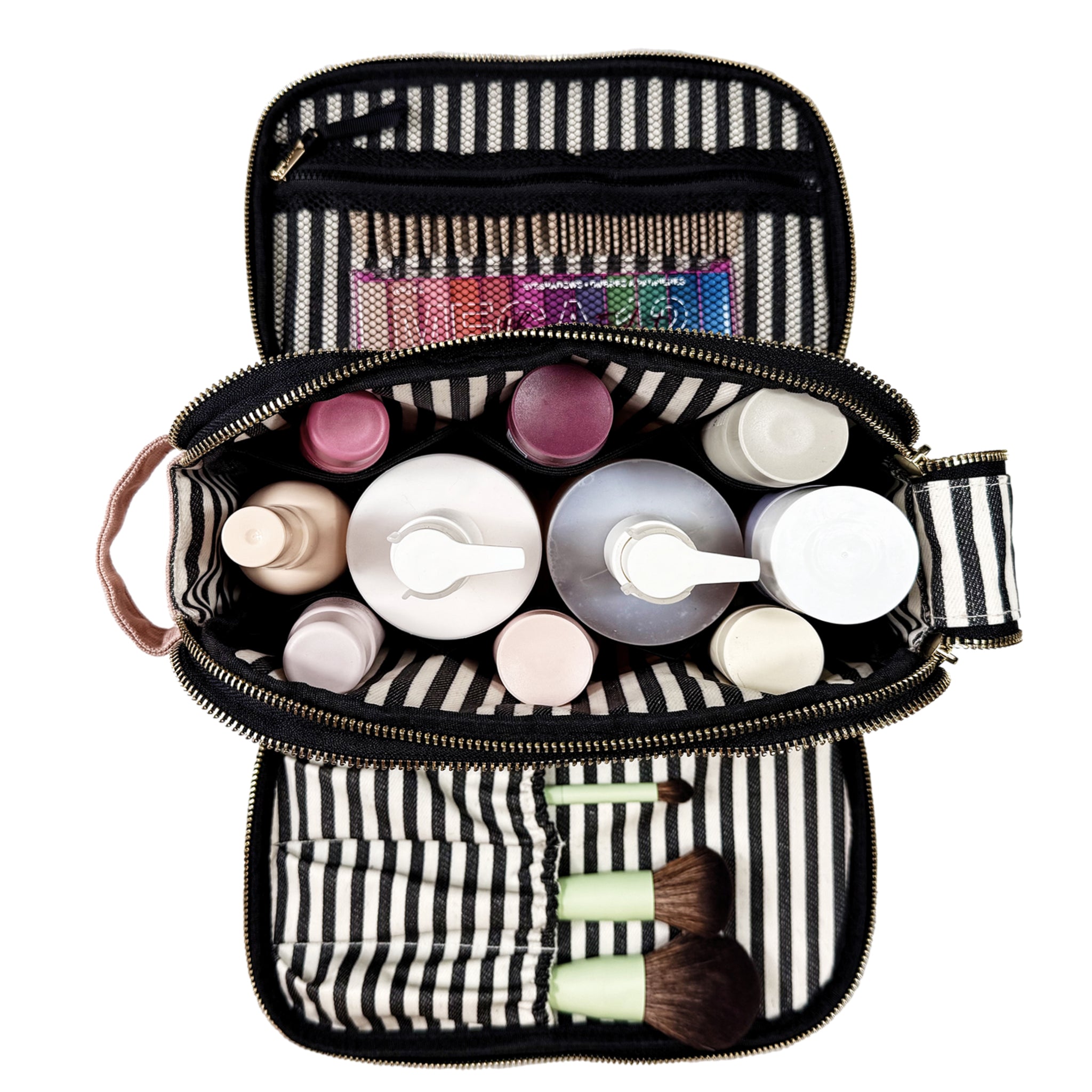 Bag-all Triple Beauty & Toiletry Organizer in pink with striped interior, storing bottles, brushes, and cosmetics neatly and stylishly