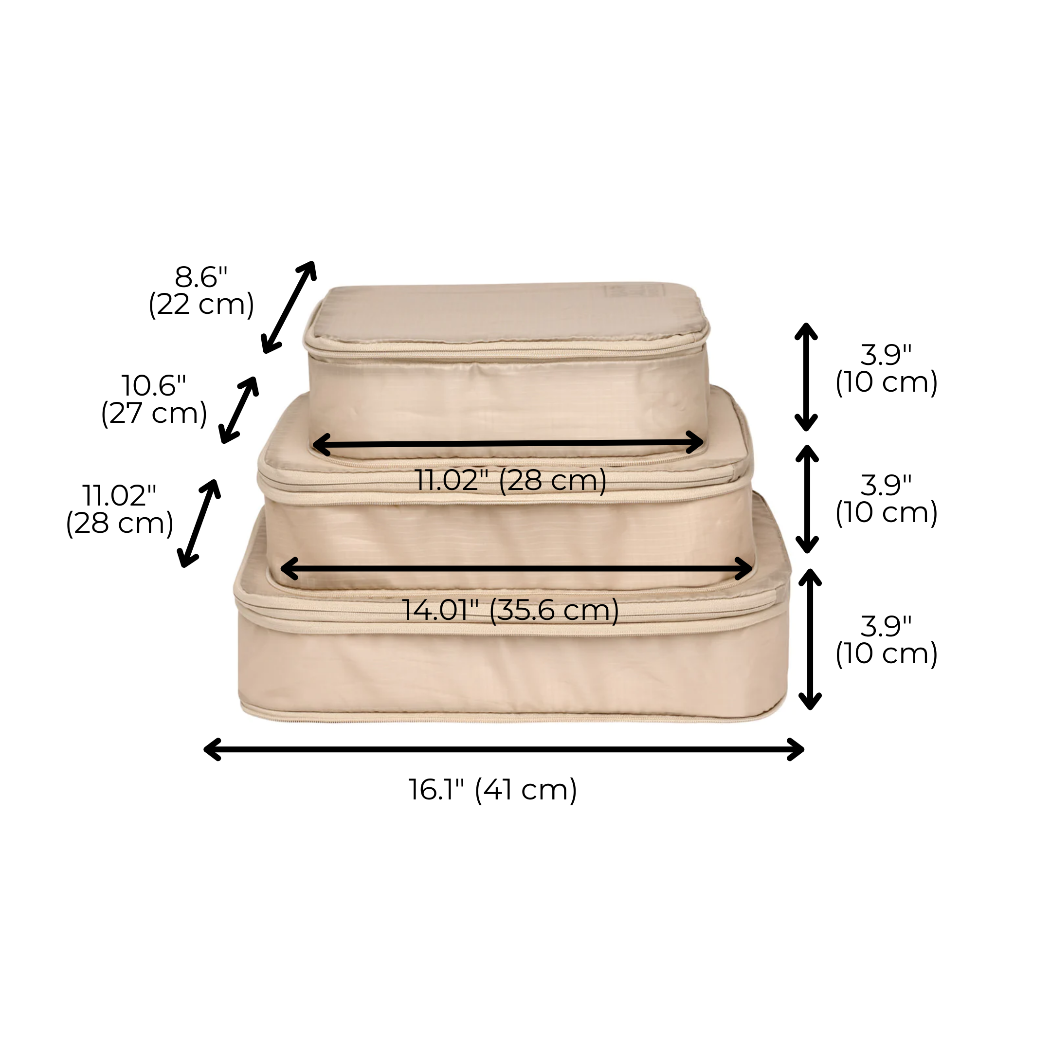 Bag-all recycled nylon compression packing cubes in taupe shown in 3 sizes with measurements, displaying the compact and organized design for efficient travel packing