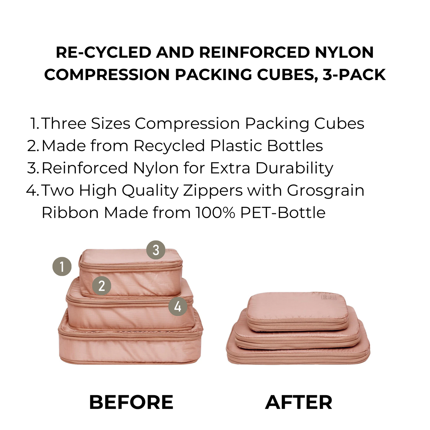 Bag-all Pink Recycled Nylon Compression Packing Cubes shown in 3 sizes, demonstrating before and after compression comparison. PET-bottle zippers and eco-friendly design maximize luggage space.