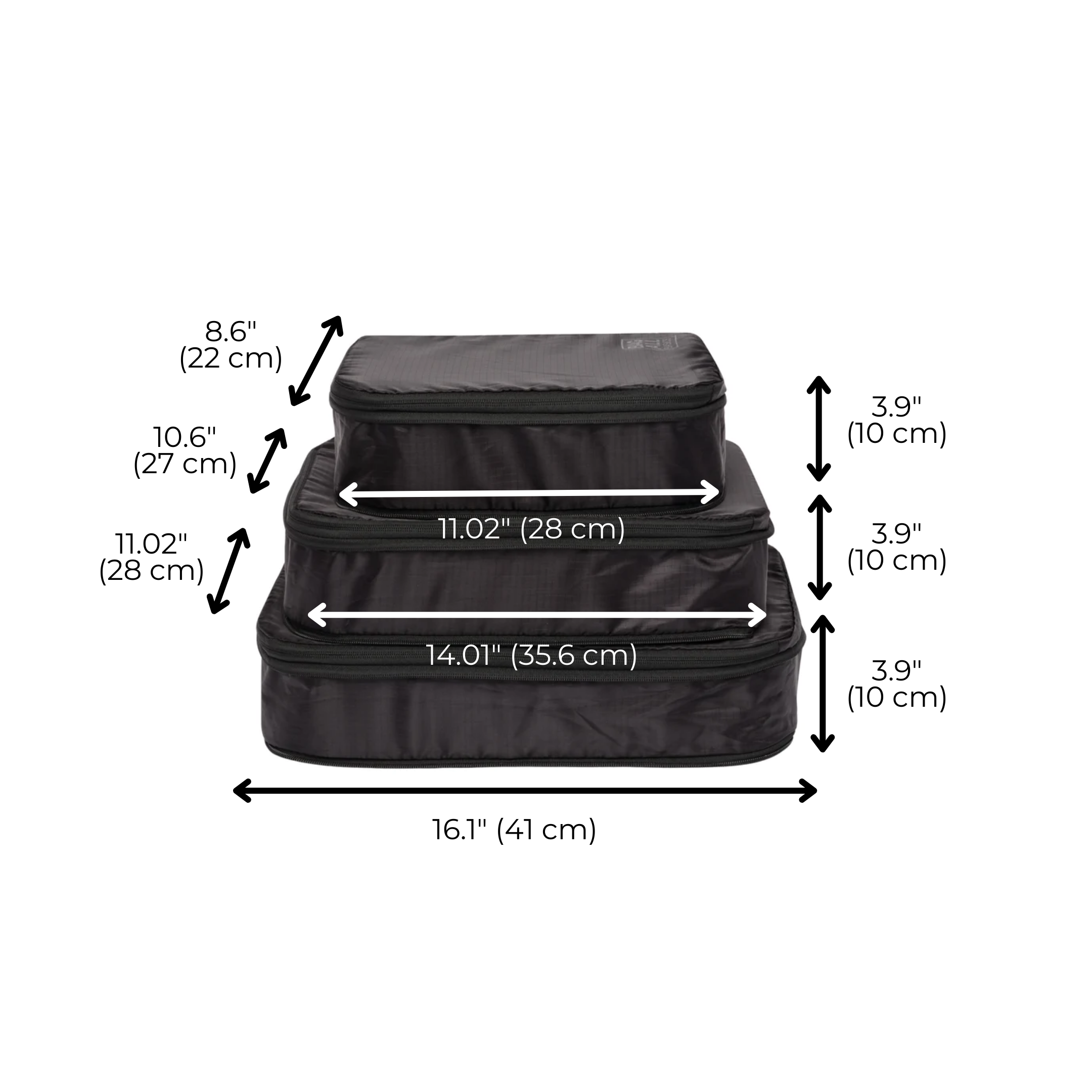 Bag-all Recycled Nylon Compression Packing Cubes dimensions diagram showing 3 stackable black cubes with measurements in inches and centimeters for travel organization