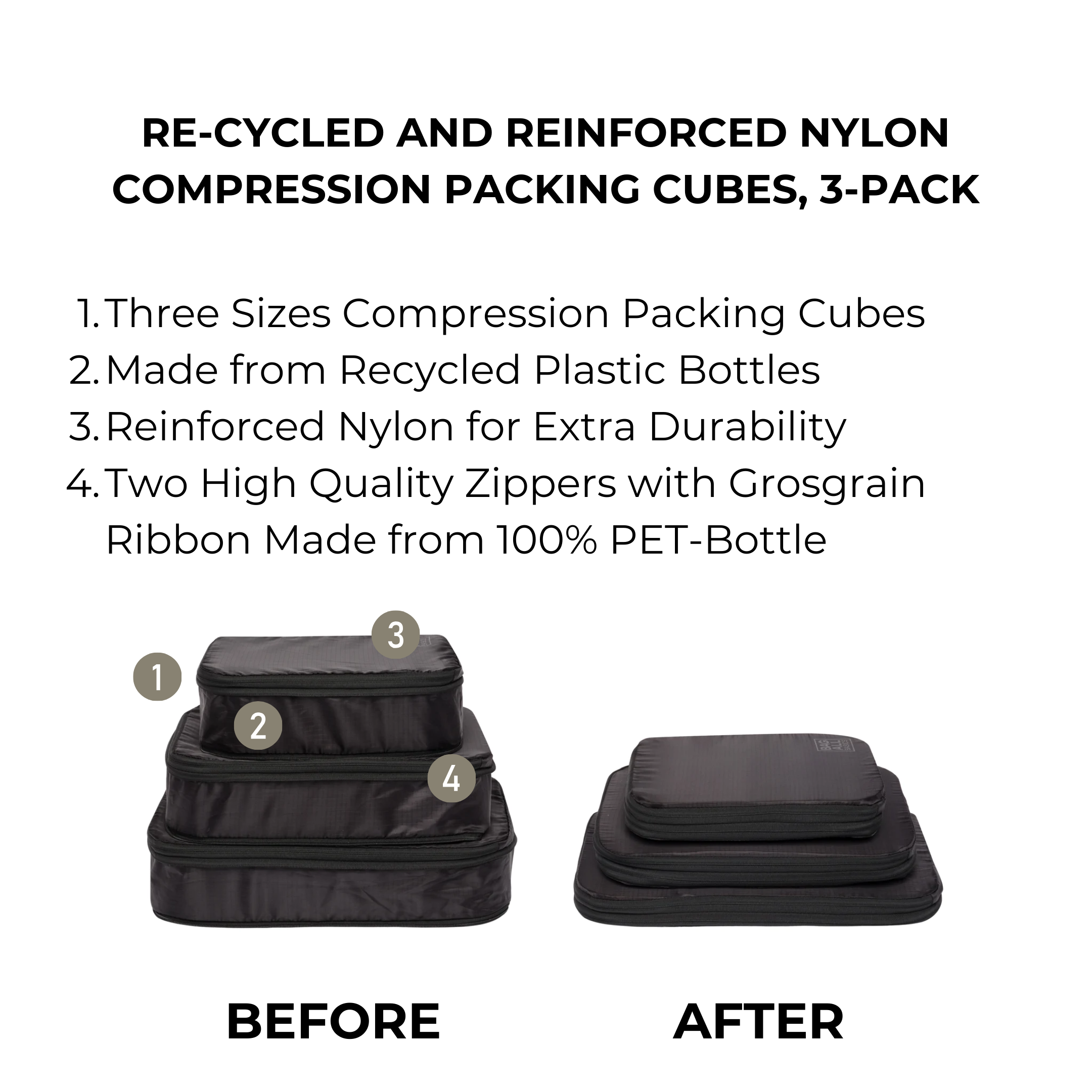 Bag-all recycled nylon compression packing cubes in black shown stacked and compressed, demonstrating space-saving functionality with before and after comparison