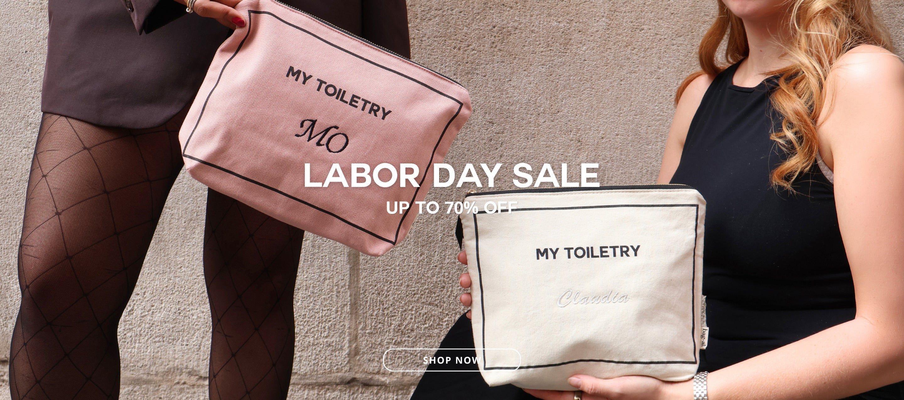 Bag-all personalized cotton toiletry bags in pink and cream, shown with travelers for organized trips and gifts for frequent travelers