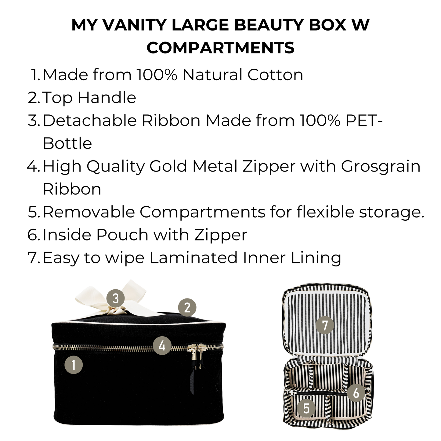 My Vanity Large Beauty Box with Insert Organizer in black by Bag-all with removable compartments and wipeable lining