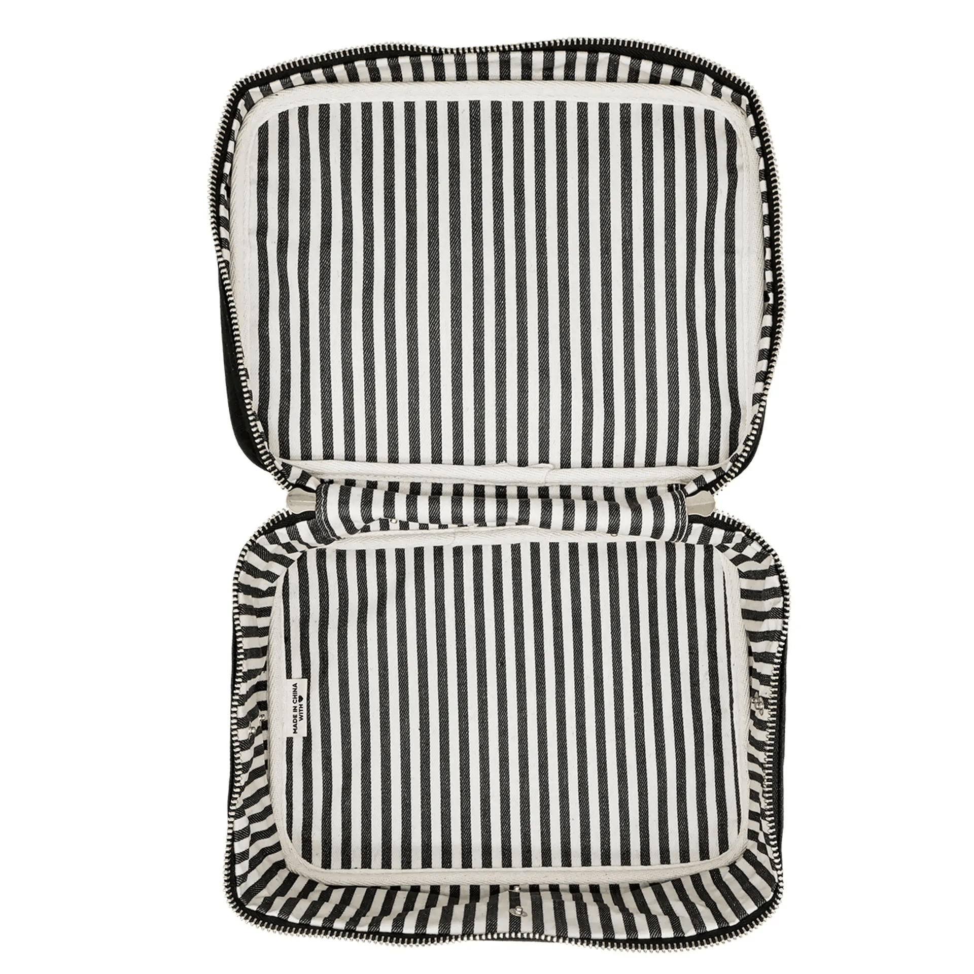 Open large black vanity beauty box with removable insert and striped wipeable lining by Bag-all
