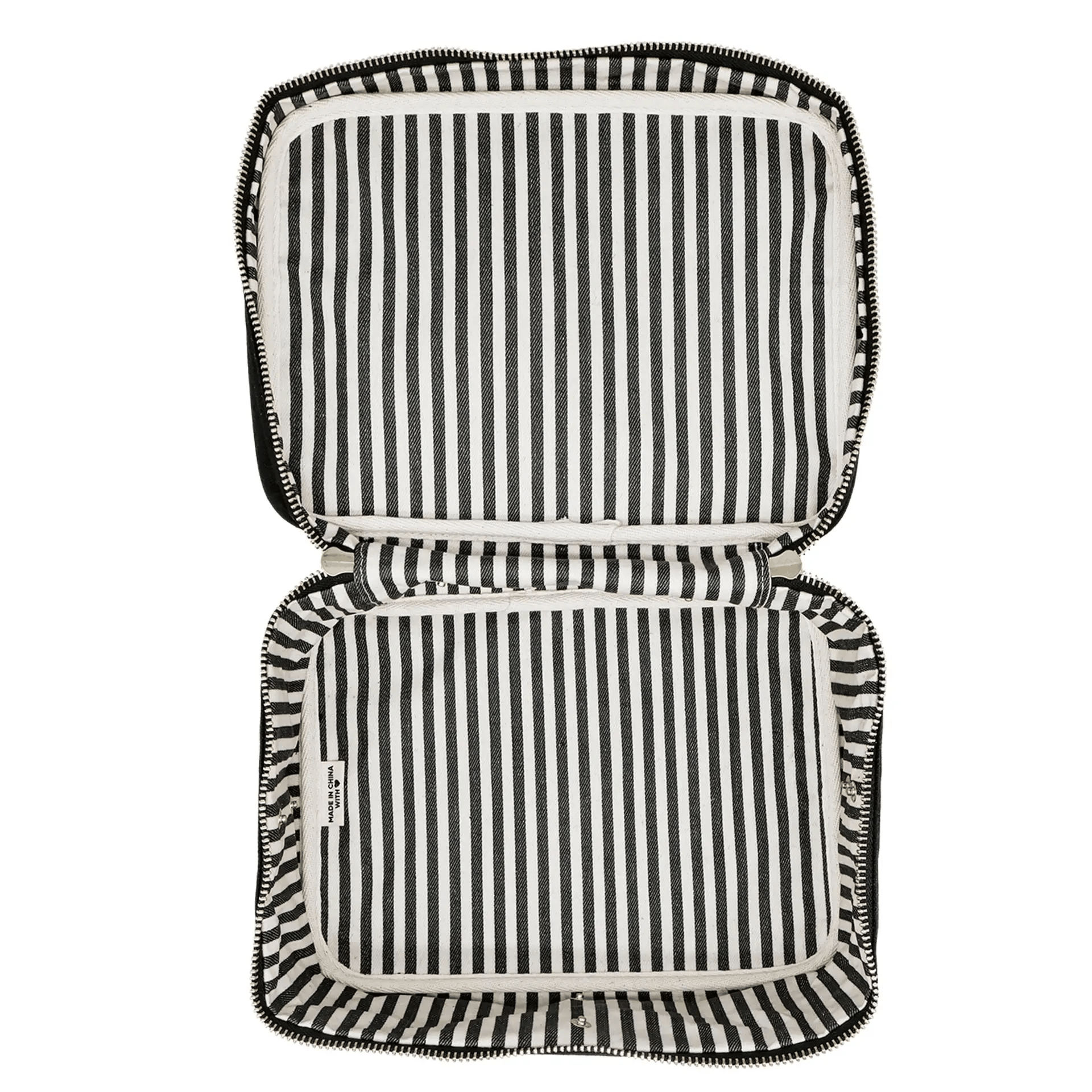 Open cream Bag-all My Vanity Large Beauty Box with black and white striped insert organizer inside