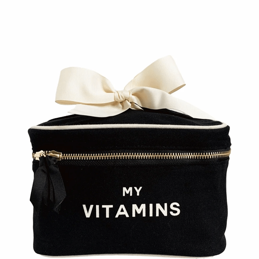 Vitamins Storage and Travel Box – Black by Bag-all with bow and MY VITAMINS text for travel organization