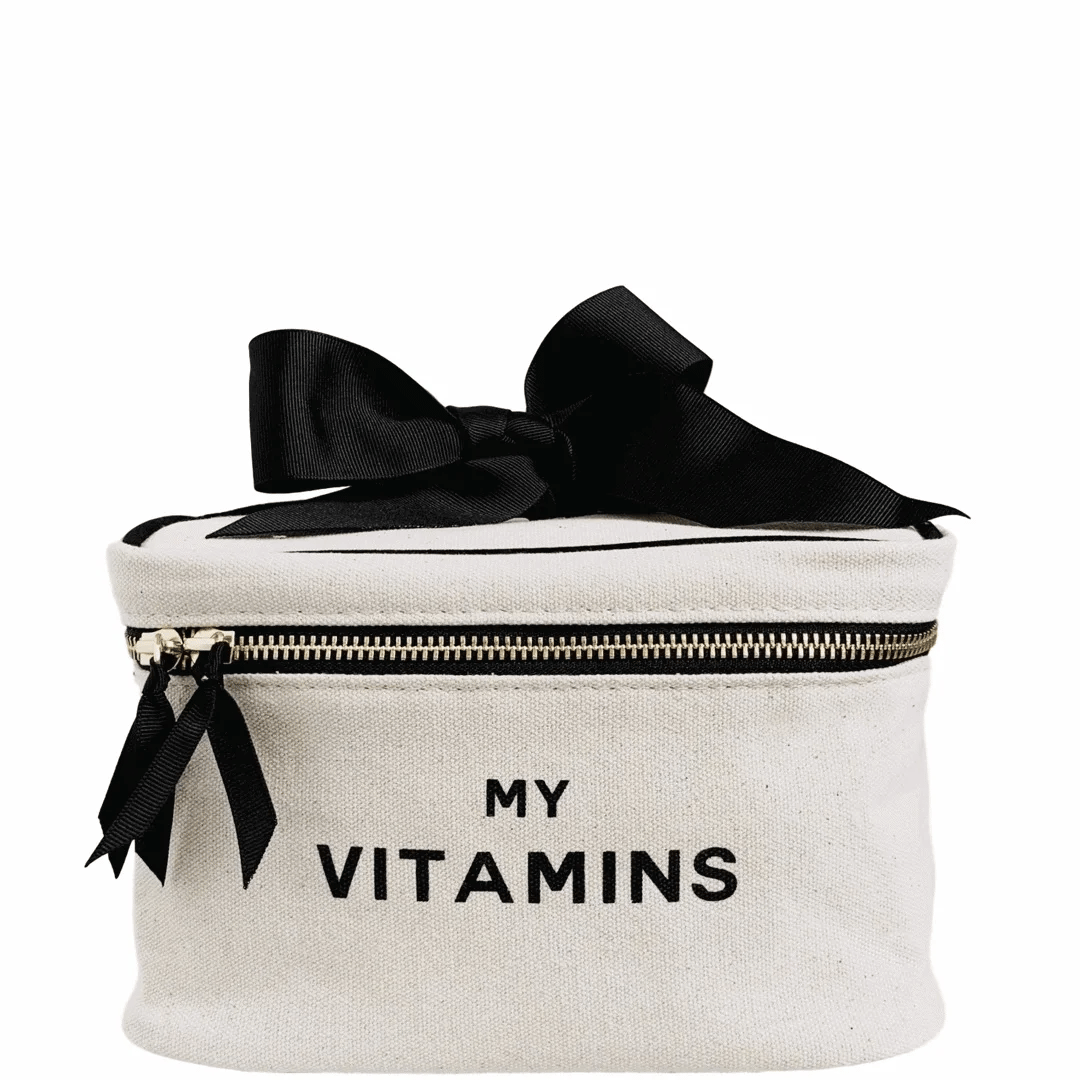 Vitamins Storage and Travel Box – Cream, Bag-all travel organizer with black bow and zipper for frequent travelers