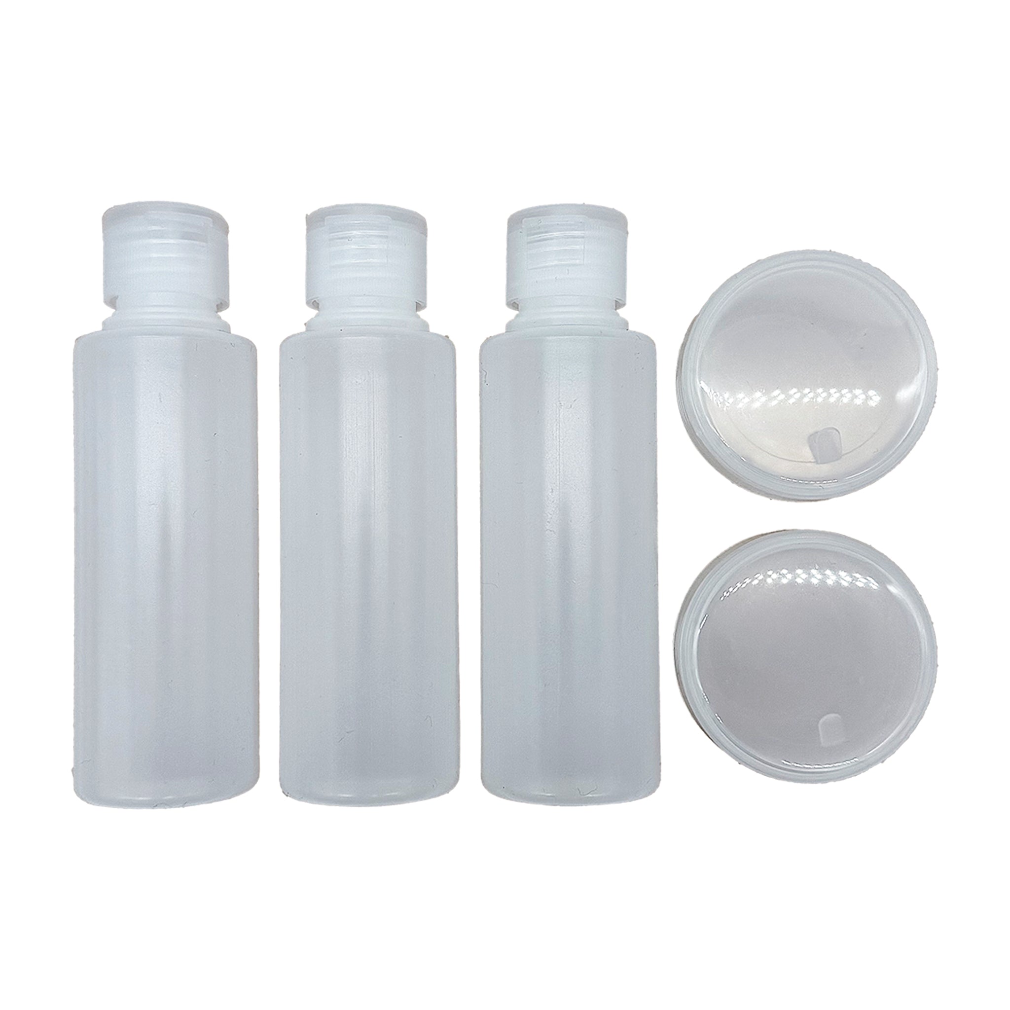 Set of clear refillable travel bottles for liquids, perfect for TSA compliance with Bag-all carry on liquids case.