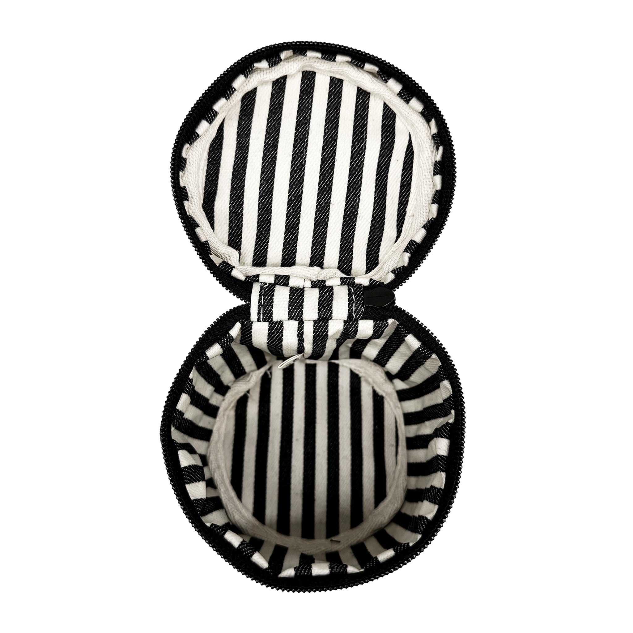 Open black and white striped Carry On Liquids Case by Bag-all with zipper and round compact travel design