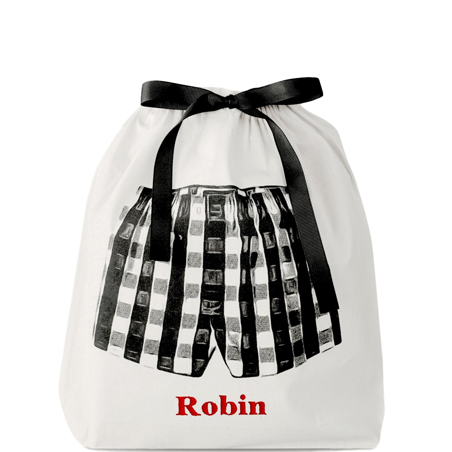 Bag-all Boxer Shorts Bag in cream cotton with black ribbon tie and checkered boxer shorts illustration, ideal for travel organization and underwear storage