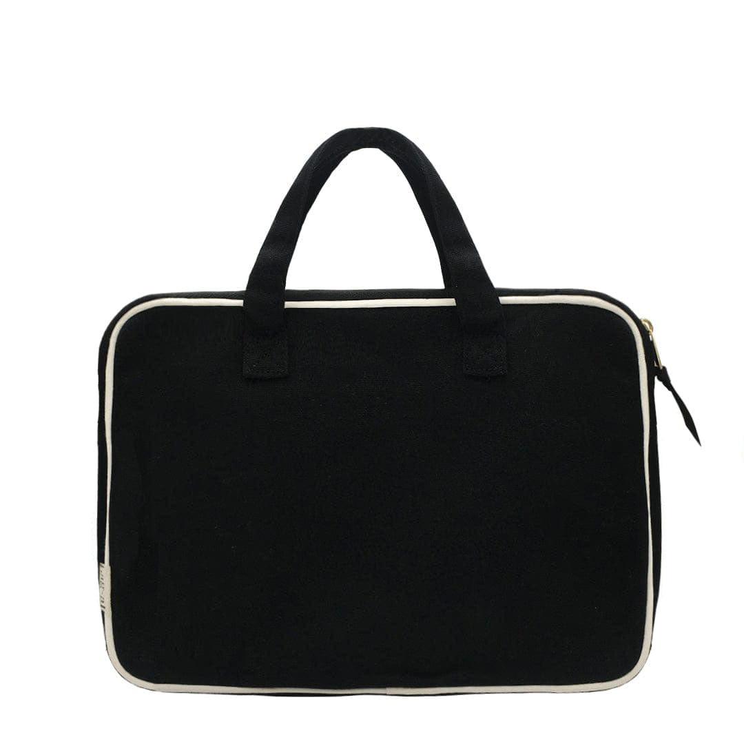 Bag-all Laptop Case 13" in black cotton with white trim, double handles, front charger pocket and padded interior for 11-13" devices