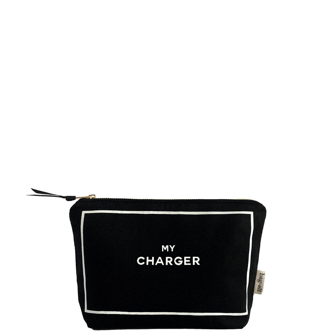 Bag-all Travel Glam Charger Pouch in black cotton with white border and text, part of 4-pack organizer set for tech accessories storage