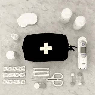 Bag-all First Aid Organizing Pouch in black cotton with medical supplies, including bandages, scissors, and thermometer on gray background, featuring white cross emblem