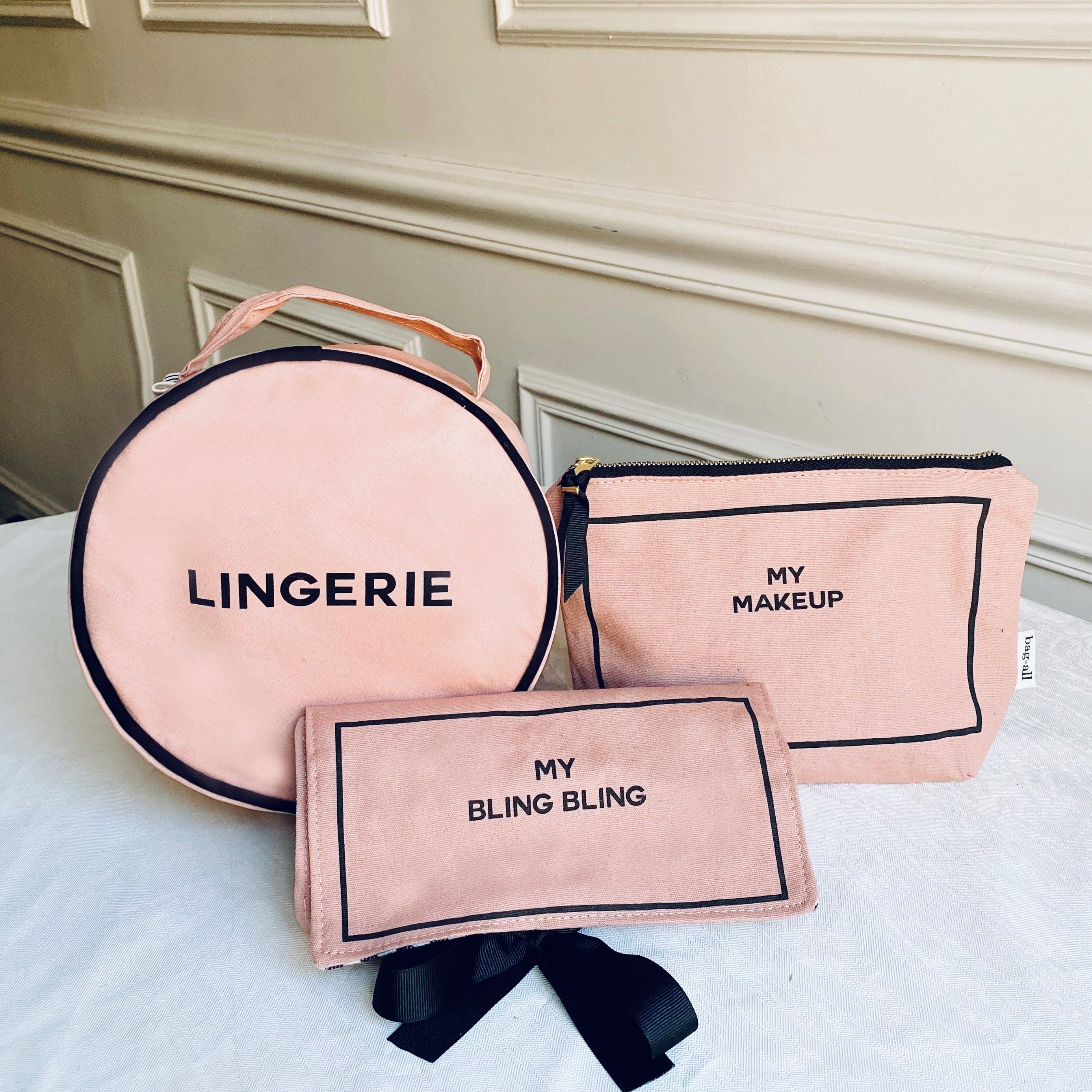 Bag-all Deal Gift Set for Her featuring pink cotton lingerie case, makeup pouch, and jewelry organizer with navy trim and embroidered text in elegant blush tones