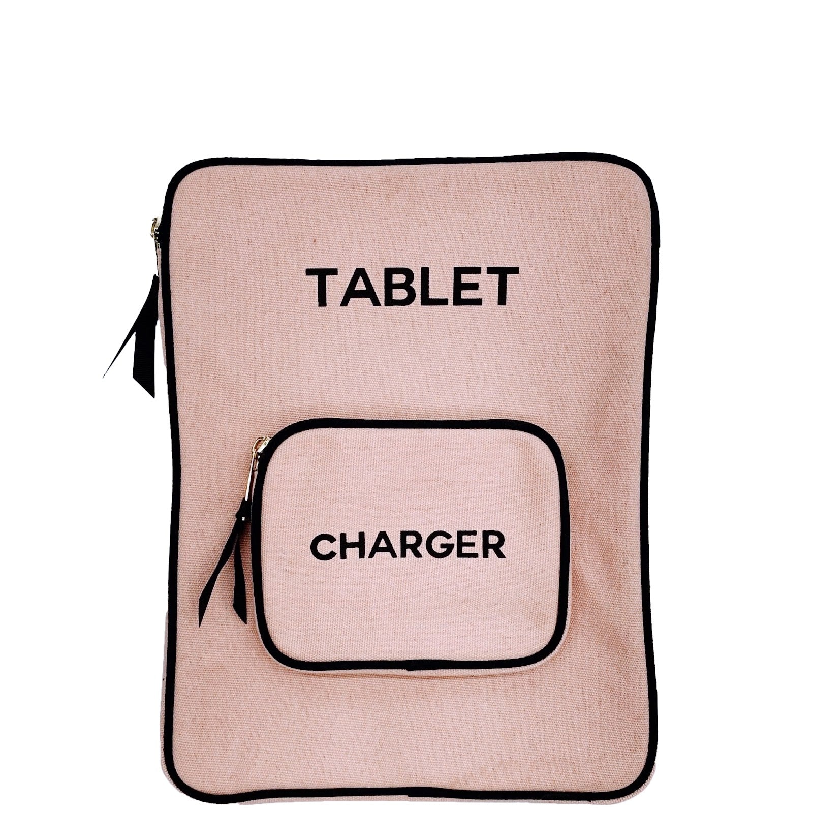 Bag-all pink cotton tablet sleeve with charger pocket, padded protection for 11-inch tablets featuring black trim, front storage compartment, and zipper closure