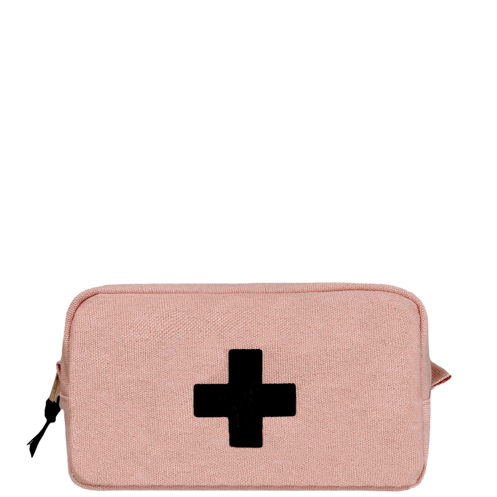 Bag-all First Aid Organizing Pouch in blush pink cotton with black cross emblem, zippered medical storage case with laminated interior for travel and home organization