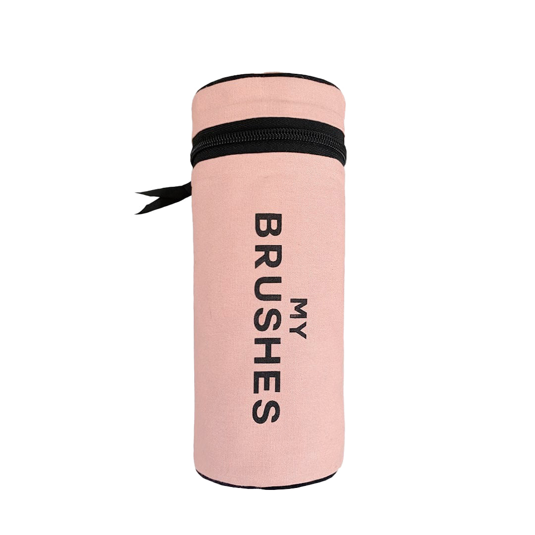 Bag-all Pink/Blush Cylinder Brushes Case - Stylish makeup and hair brush organizer with black zipper closure and text print, perfect for travel and storage