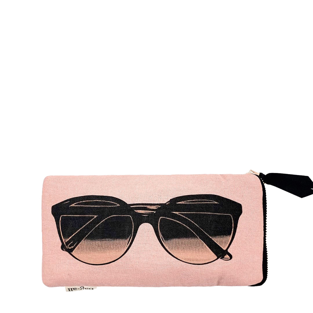 Bag-all Glasses Case with Outside Pocket in Pink featuring stylish black sunglasses print, gold zipper closure and practical exterior storage compartment on blush canvas