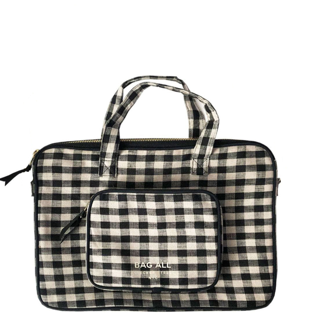 Bag-all Laptop Case 13" in black and white gingham pattern with front charger pocket, padded protection, dual handles and shoulder strap option