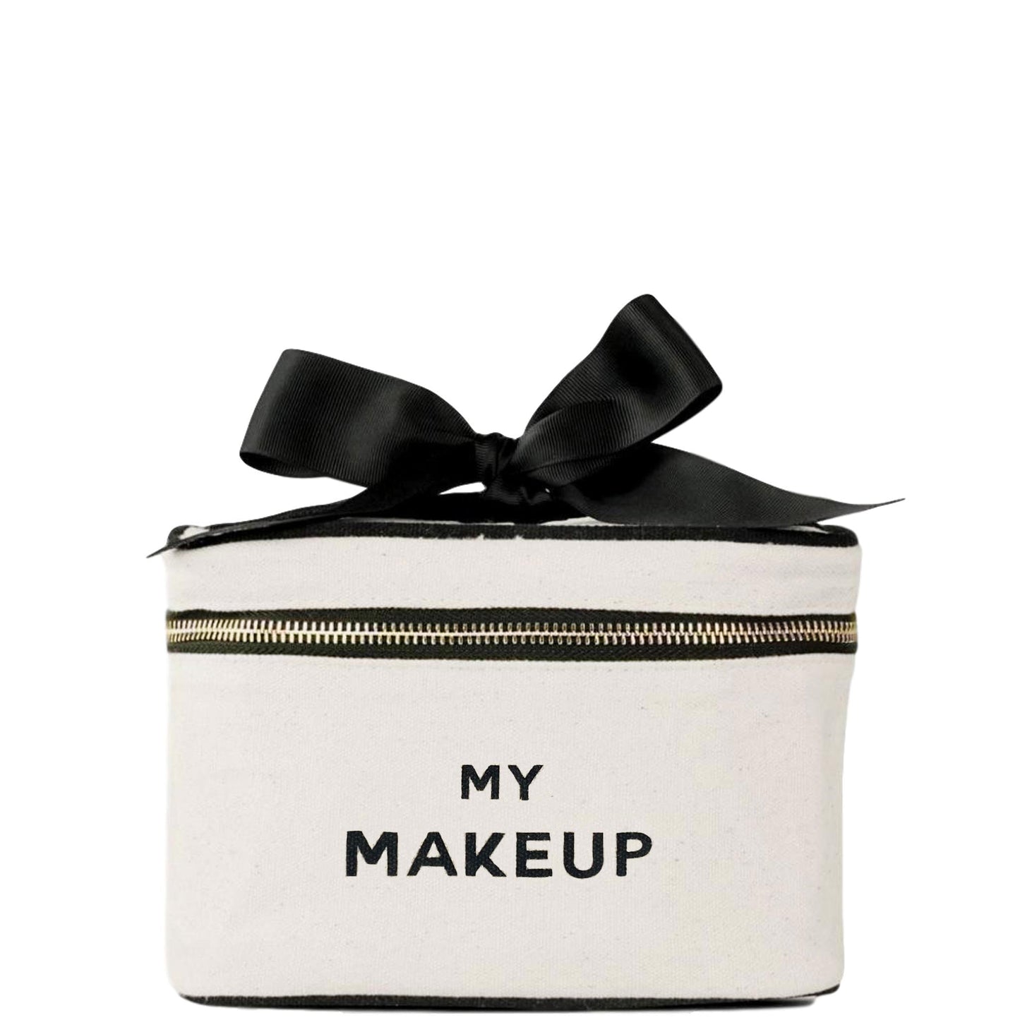 Bag-all Travel Glam My Makeup Box - cream cotton cosmetic case with black bow and zipper detail, part of 4-pack organizer set for stylish travel storage