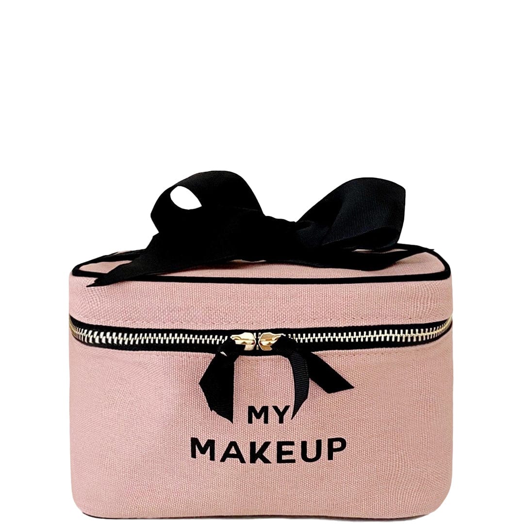 Bag-all My Makeup pink cotton organizer with black bow and zipper detail, part of Travel Glam 4-Pack collection for stylish cosmetic storage