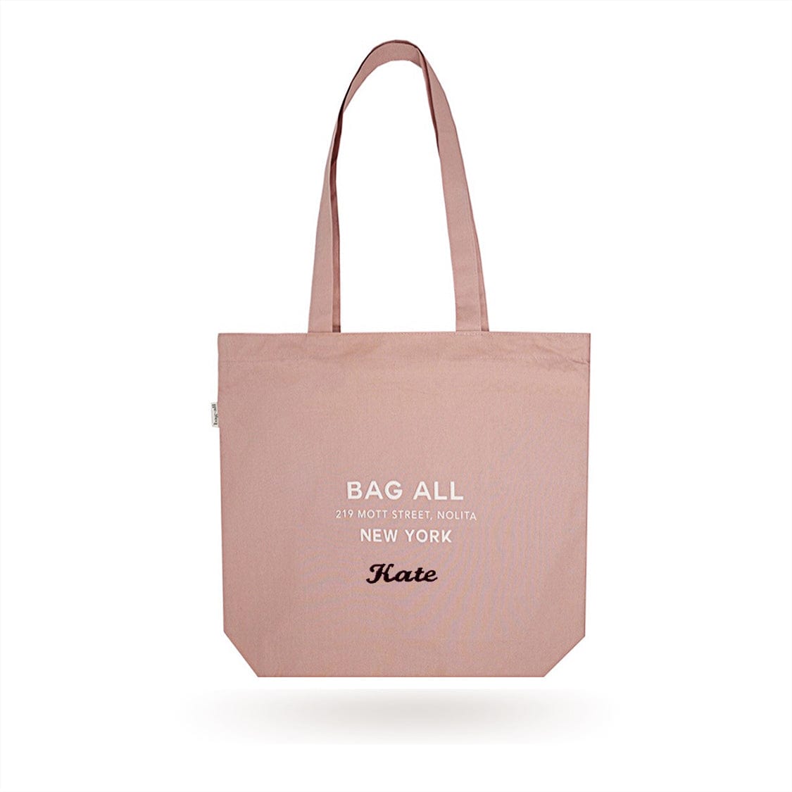 Bag-all New York City Pink Cotton Tote with Zipper and Inside Pocket - Personalized sustainable shopping bag with long handles and embroidered text in blush color
