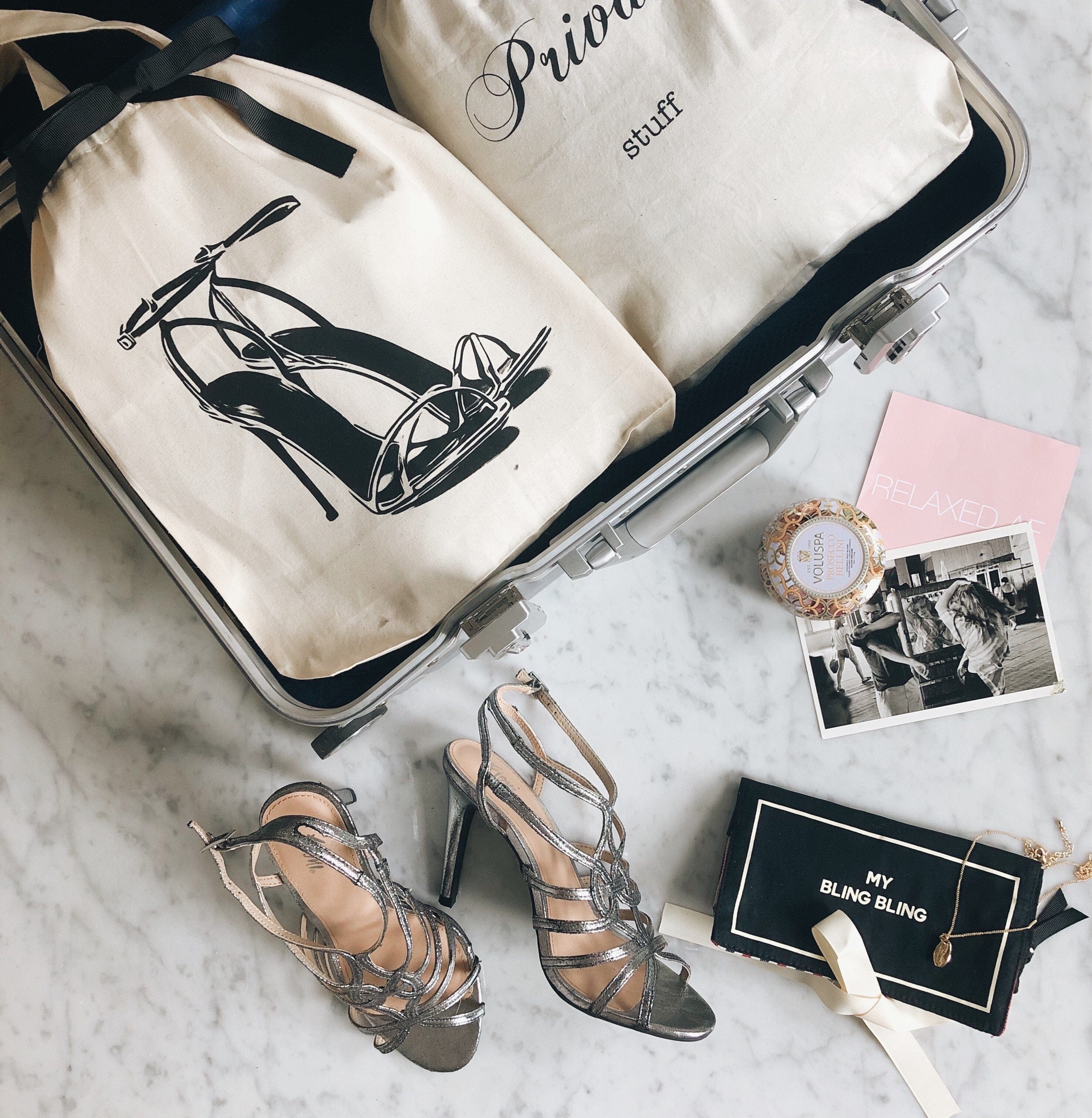 Bag-all High Heel Sandal Shoe Bag in cream cotton with elegant black stiletto print, perfect for travel organization and shoe storage, featuring drawstring closure